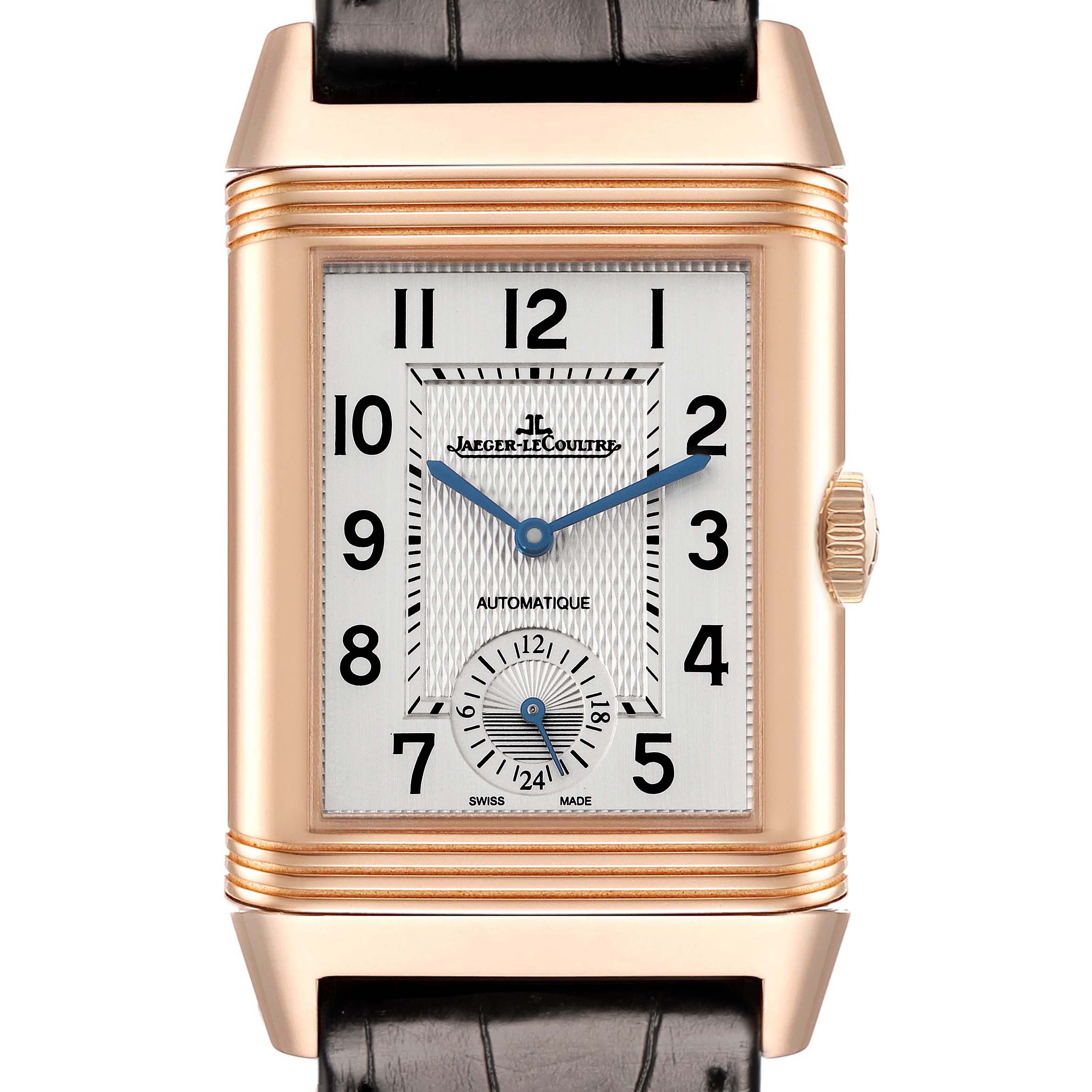 The Jaeger LeCoultre Reverso Q3832420 Men's Rose Gold Silver Dial Q3832420 Men's Rose Gold Silver Dial watch is shown front-on, highlighting the dial, crown, and leather strap.