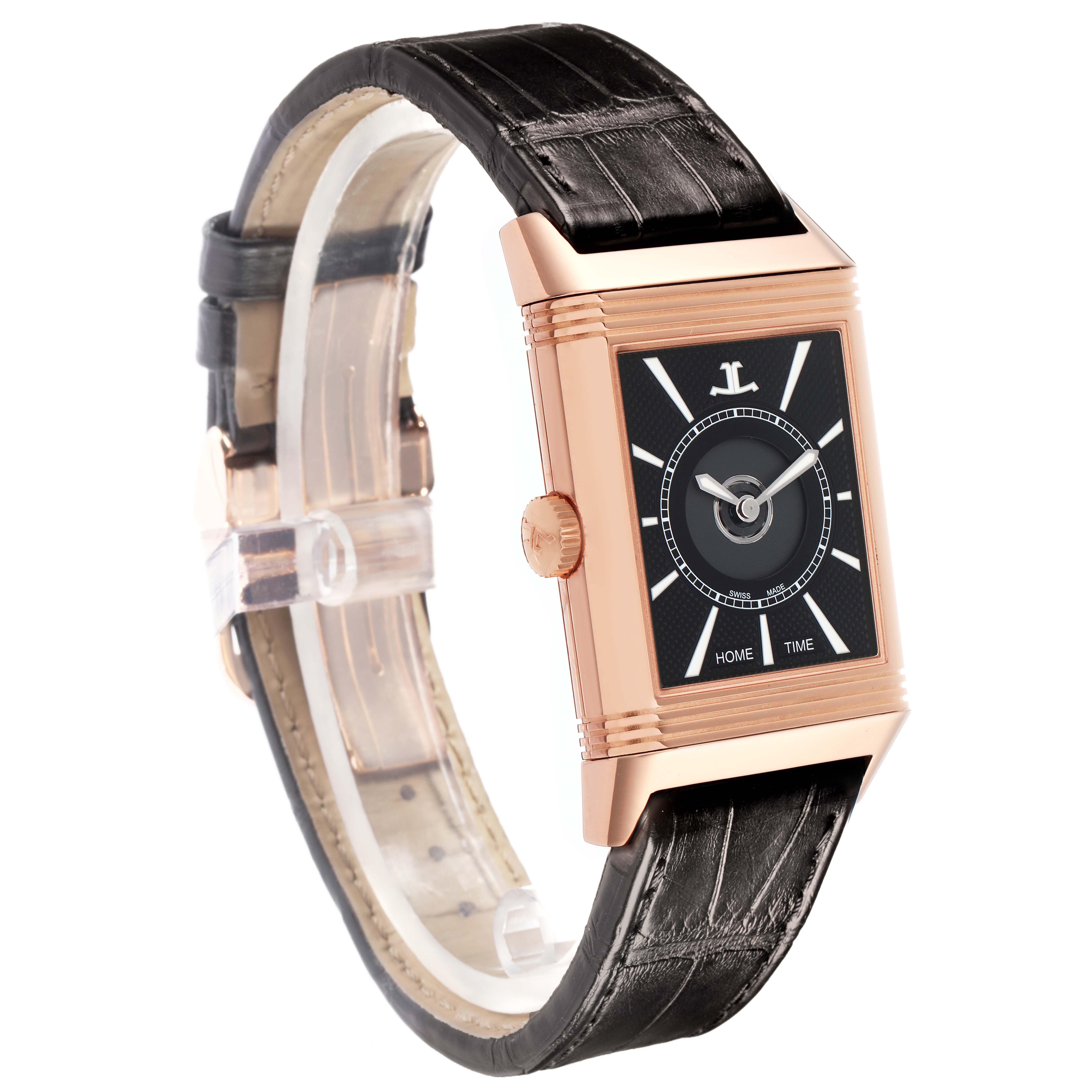 The Jaeger-LeCoultre Reverso watch is shown at a three-quarter angle, displaying the case, crown, dial, and leather strap.
