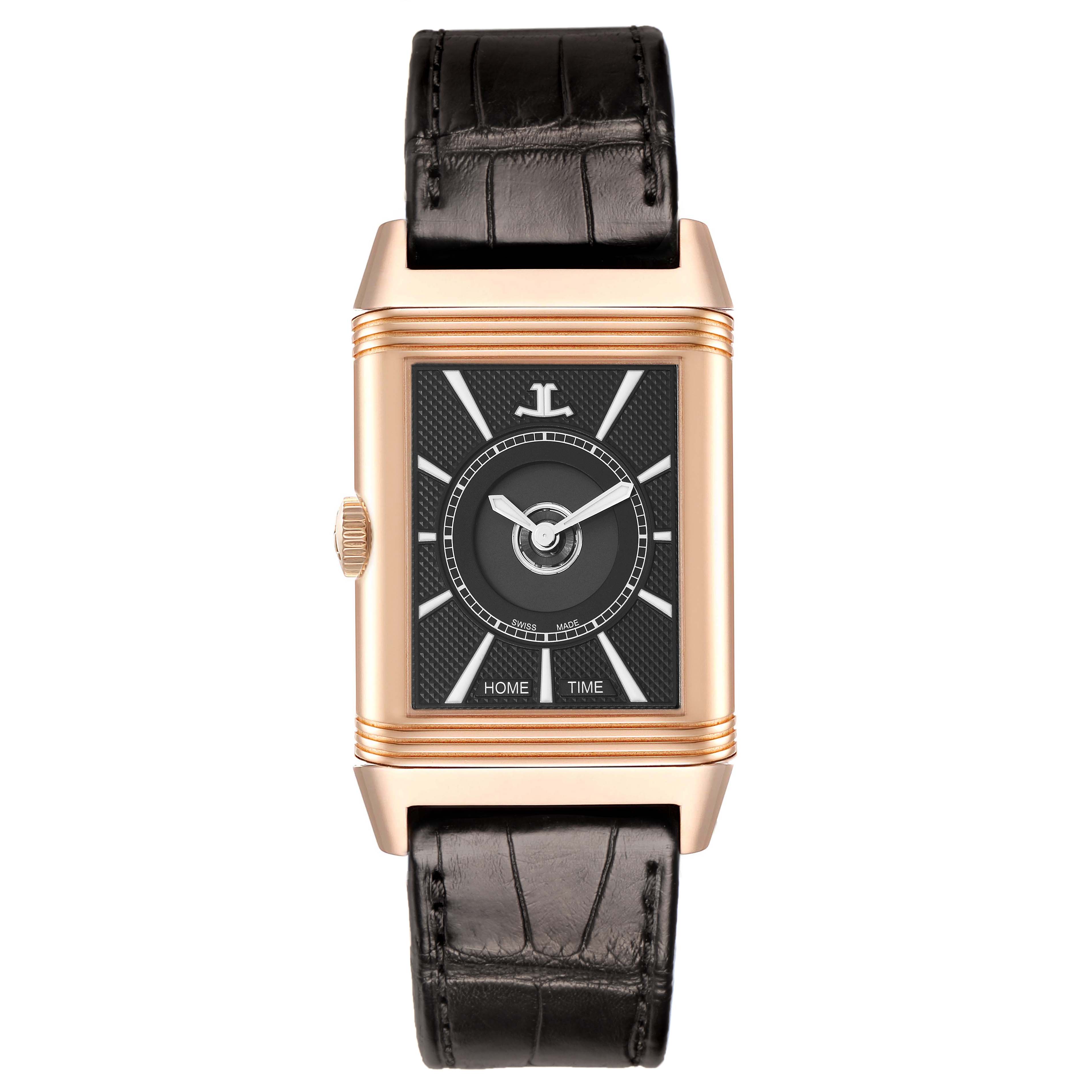 The Jaeger-LeCoultre Reverso is shown from the front, highlighting the dial, case, and strap.