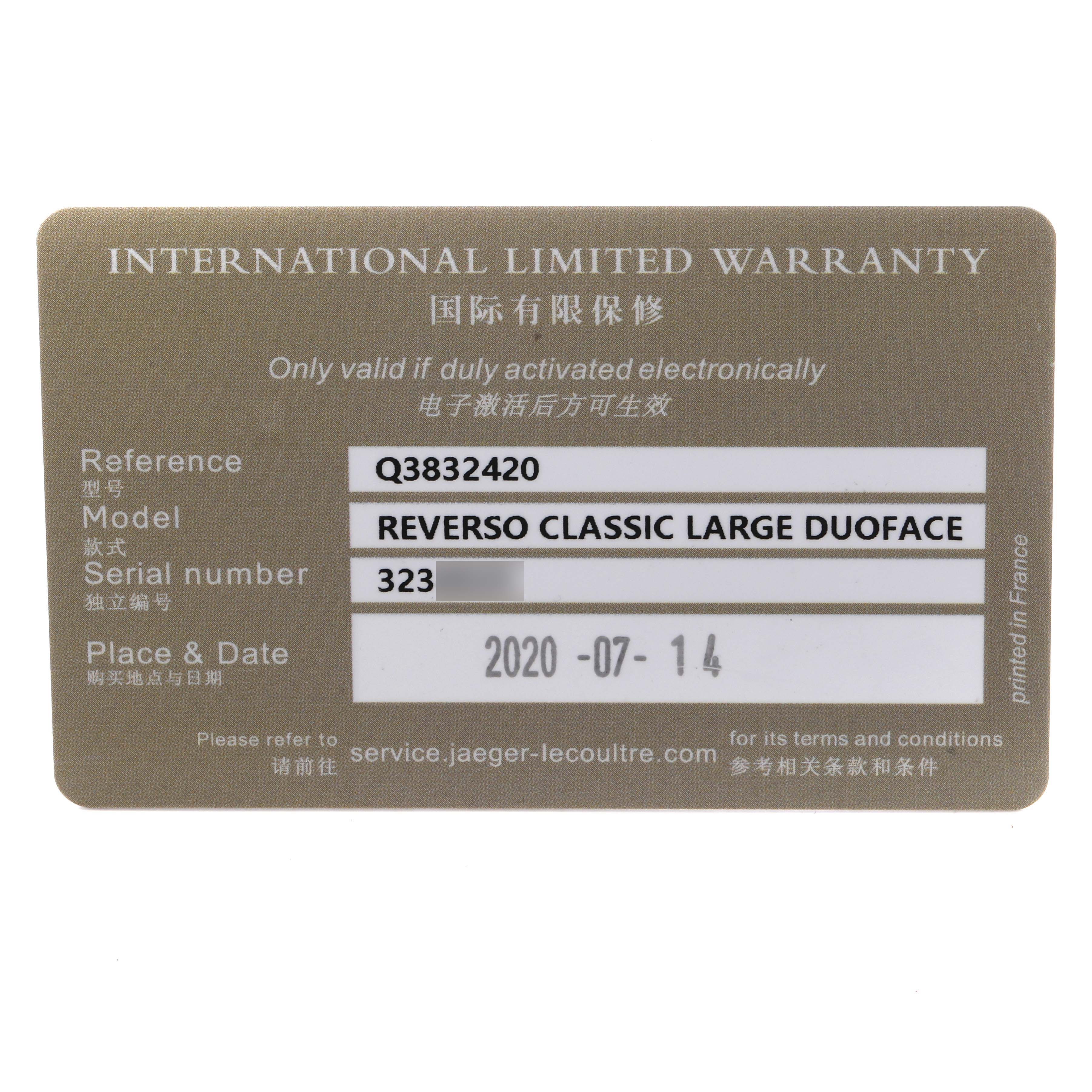 The image shows an International Limited Warranty card for a Jaeger-LeCoultre Reverso Classic Large Duoface watch.