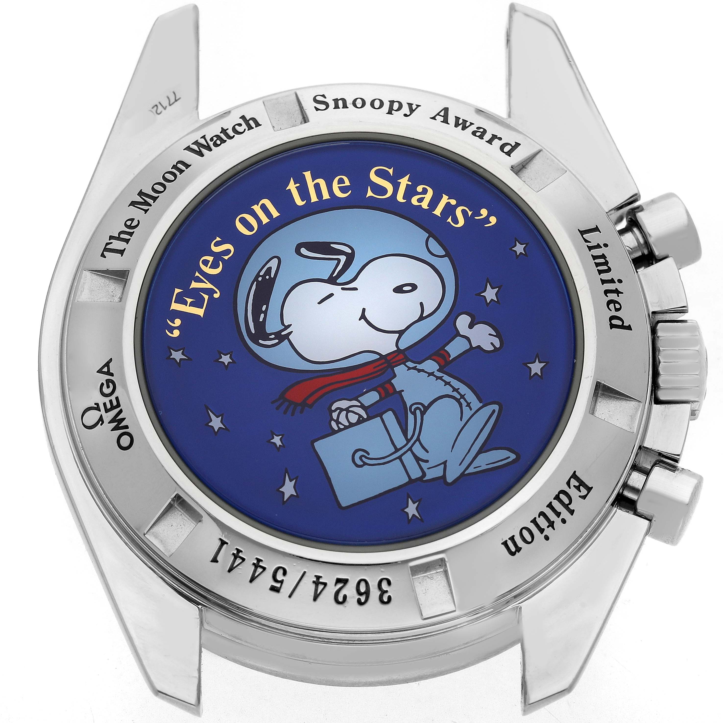 The image shows the back of the Omega Speedmaster 3578.51.00 Men's Stainless Steel Black Dial watch, featuring Snoopy and "Eyes on the Stars" engraving.