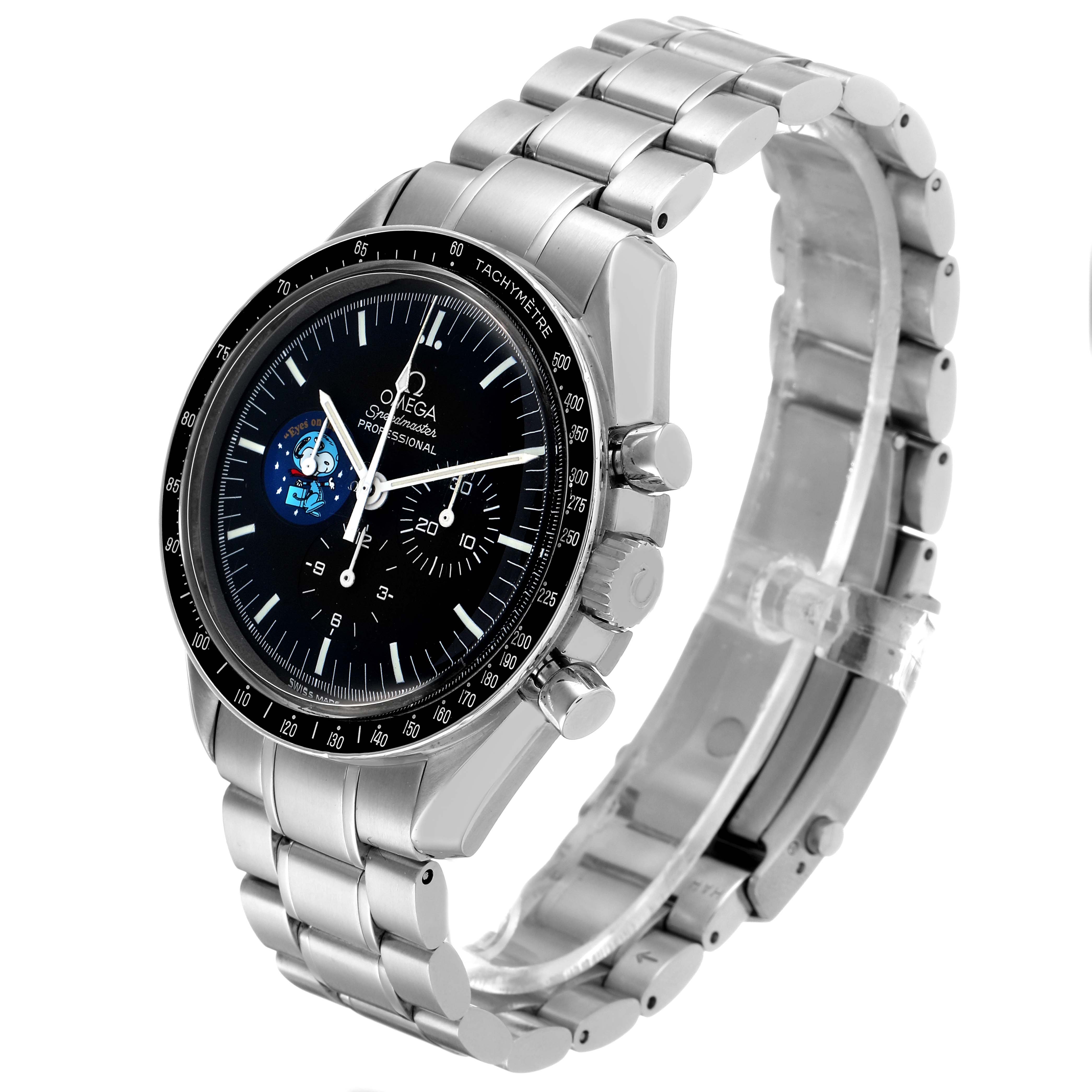 The Omega Speedmaster 3578.51.00 Men's Stainless Steel Black Dial is shown at a three-quarter angle highlighting the dial, bezel, crown, pushers, and metal bracelet.