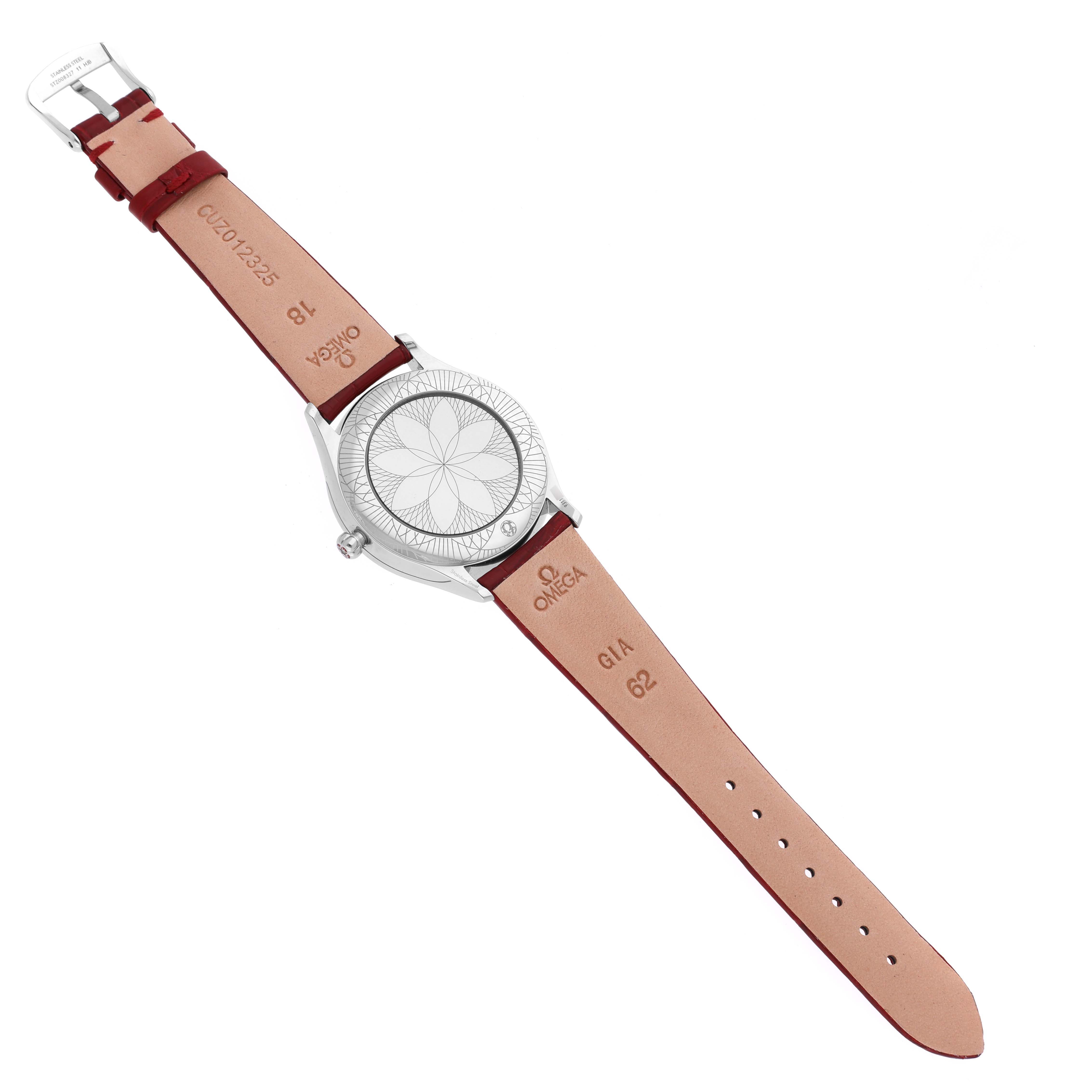 The image shows the back view of the Omega 428.18.36.60.11.002 Women's Stainless Steel Red Dial 428.18.36.60.11.002 Women's Stainless Steel Red Dial DeVille Tresor Diamond Red Dial Ladies Watch model 428.18.36.60.11.002, featuring its strap and clasp.