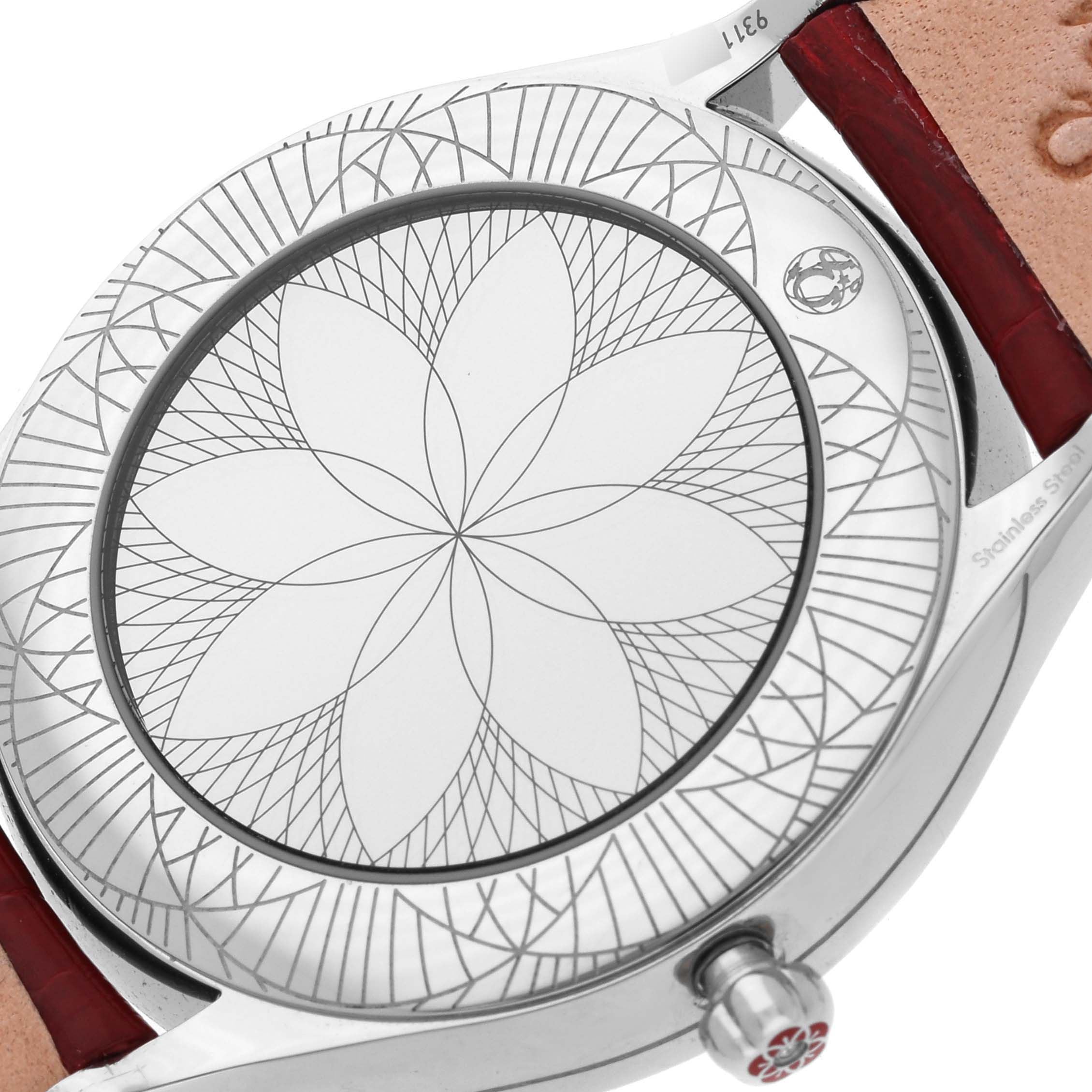 The image shows the back case of the Omega 428.18.36.60.11.002 Women's Stainless Steel Red Dial 428.18.36.60.11.002 Women's Stainless Steel Red Dial DeVille Tresor Diamond Red Dial Ladies Watch 428.18.36.60.11.002, highlighting its intricate engraving.