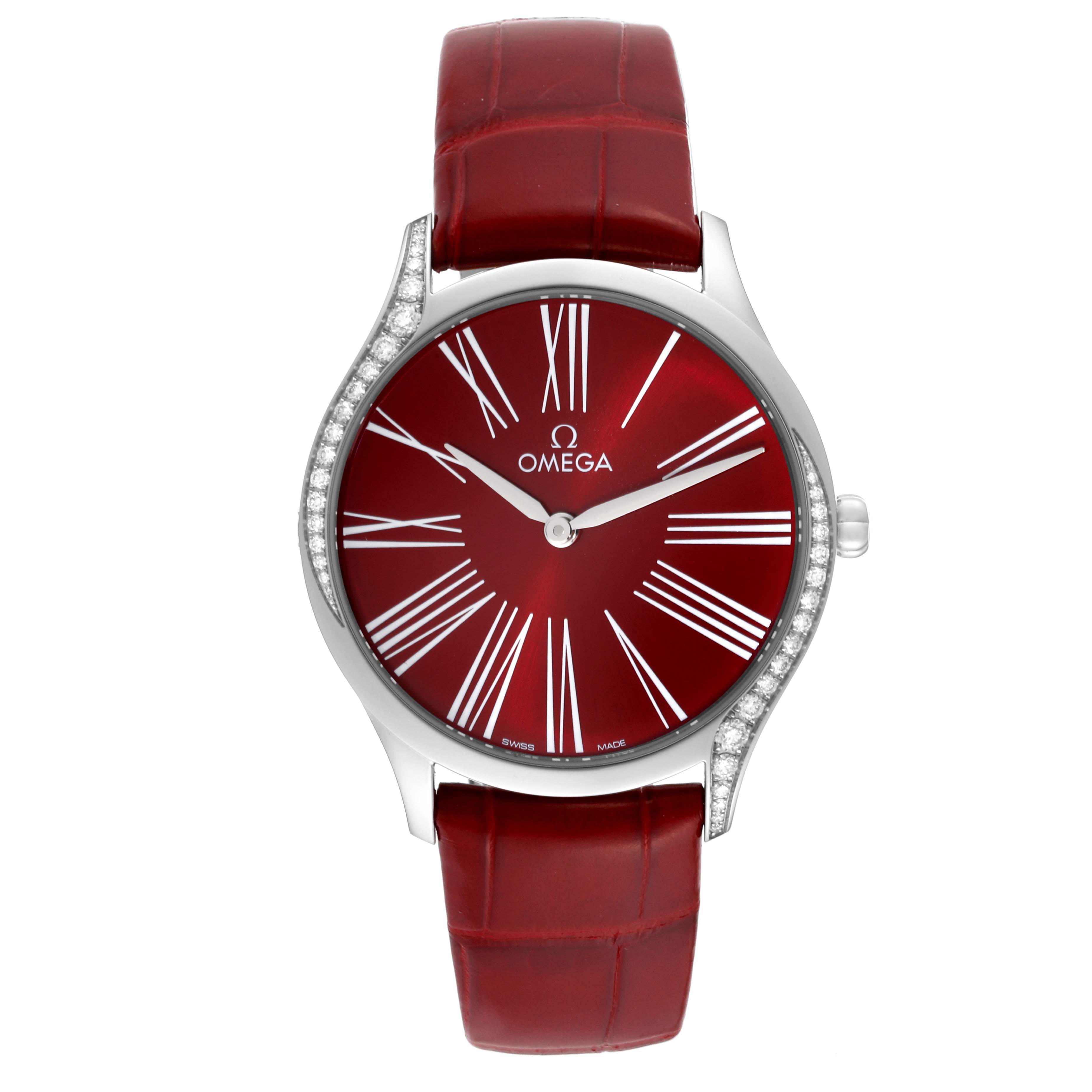 The image shows a front view of the Omega 428.18.36.60.11.002 Women's Stainless Steel Red Dial 428.18.36.60.11.002 Women's Stainless Steel Red Dial DeVille Tresor Diamond Red Dial Ladies Watch model 428.18.36.60.11.002.