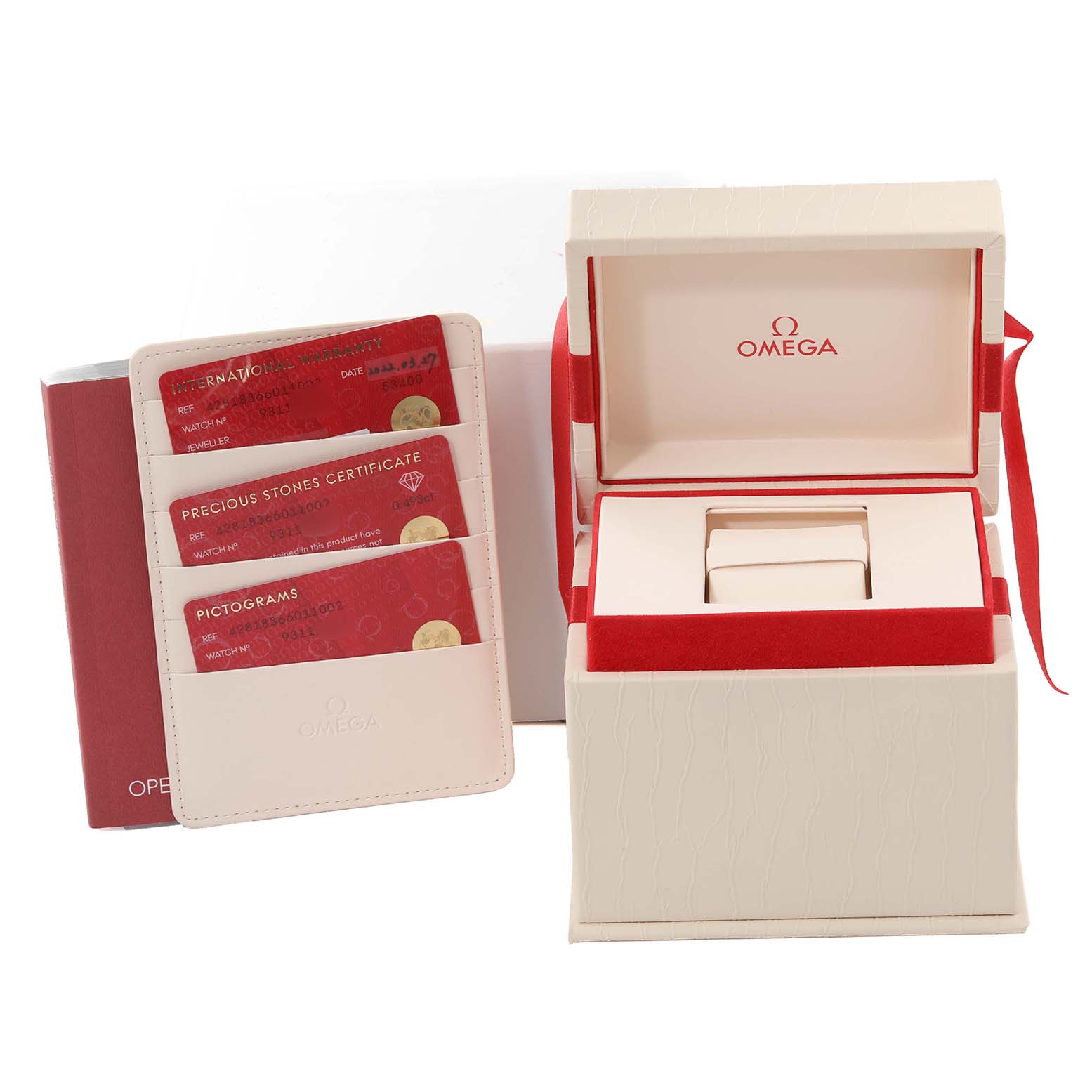 The image shows the Omega 428.18.36.60.11.002 Women's Stainless Steel Red Dial 428.18.36.60.11.002 Women's Stainless Steel Red Dial DeVille Tresor Diamond Red Dial Ladies Watch 428.18.36.60.11.002 box, cardholder, and certificates.