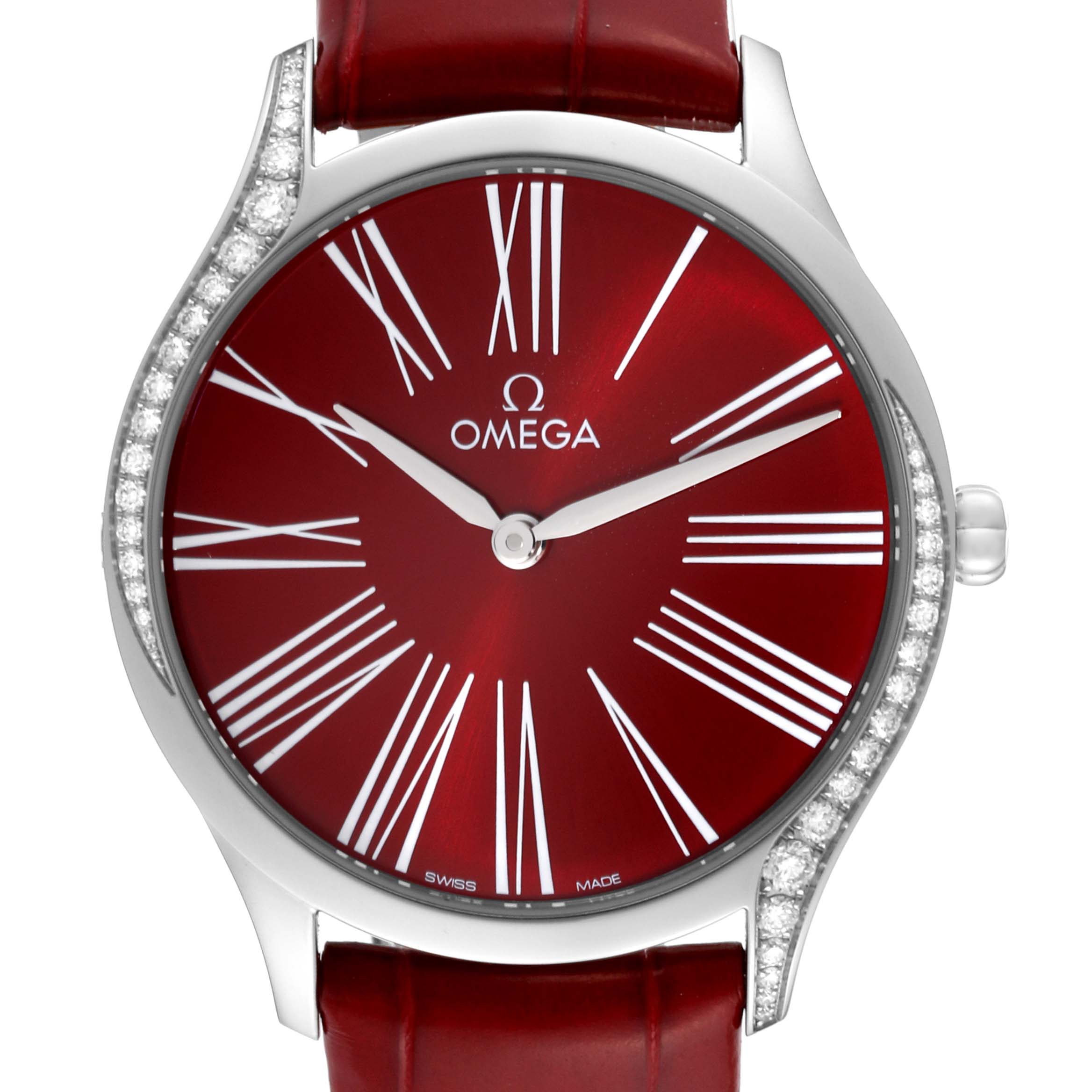 This image shows a front view of the Omega 428.18.36.60.11.002 Women's Stainless Steel Red Dial 428.18.36.60.11.002 Women's Stainless Steel Red Dial DeVille Tresor Diamond Red Dial Ladies Watch, model 428.18.36.60.11.002.