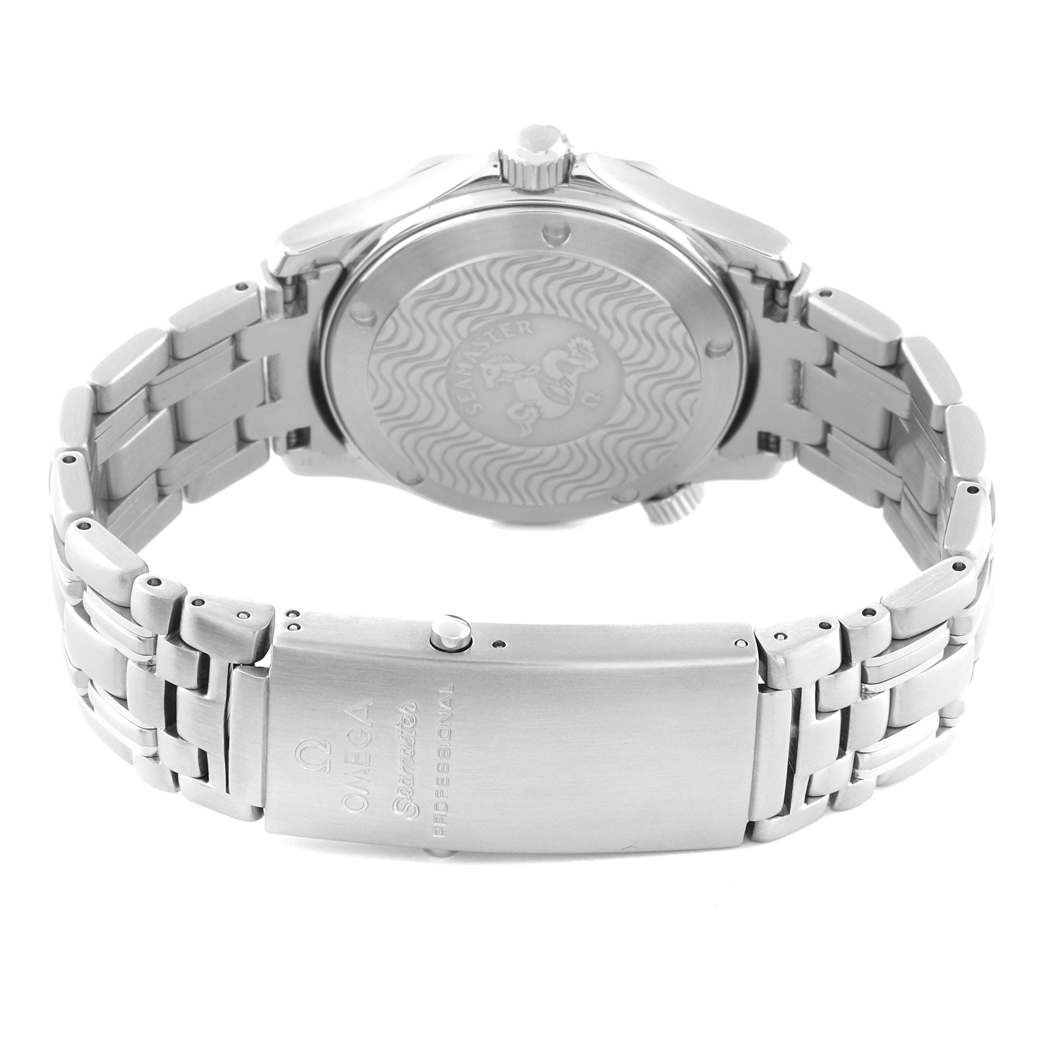 The image shows the back and clasp of an Omega Seamaster 2561.80.00 Men
s Stainless Steel Blue Dial 2561.80.00 Men
s Stainless Steel Blue Dial watch at a slight angle.