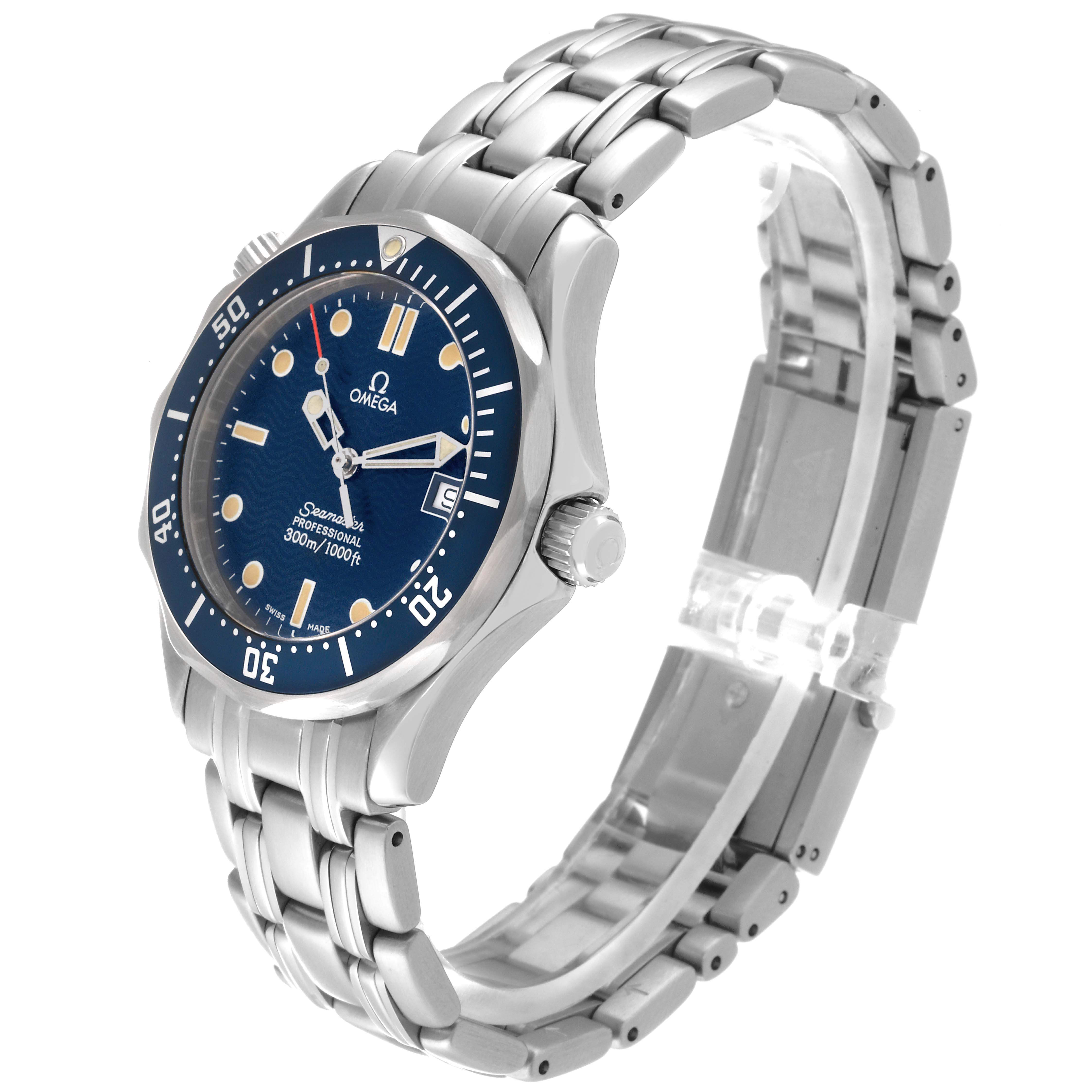The image shows a side angle of an Omega Seamaster 2561.80.00 Men
s Stainless Steel Blue Dial 2561.80.00 Men
s Stainless Steel Blue Dial watch, highlighting the blue dial, rotating bezel, crown, and metal bracelet.