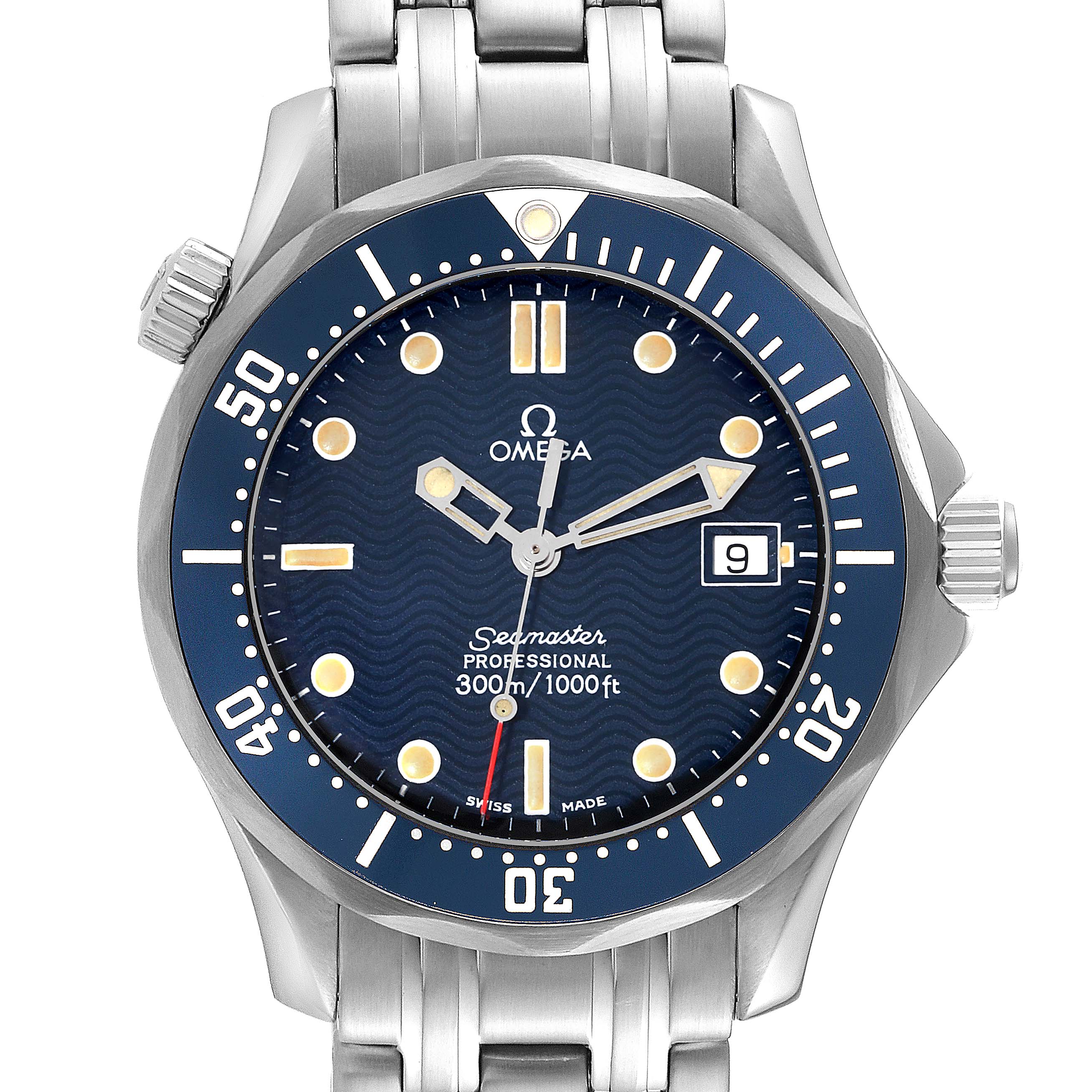 This is a front view of the Omega Seamaster 2561.80.00 Men
s Stainless Steel Blue Dial 2561.80.00 Men
s Stainless Steel Blue Dial watch, showing the face, bezel, crown, and part of the bracelet.