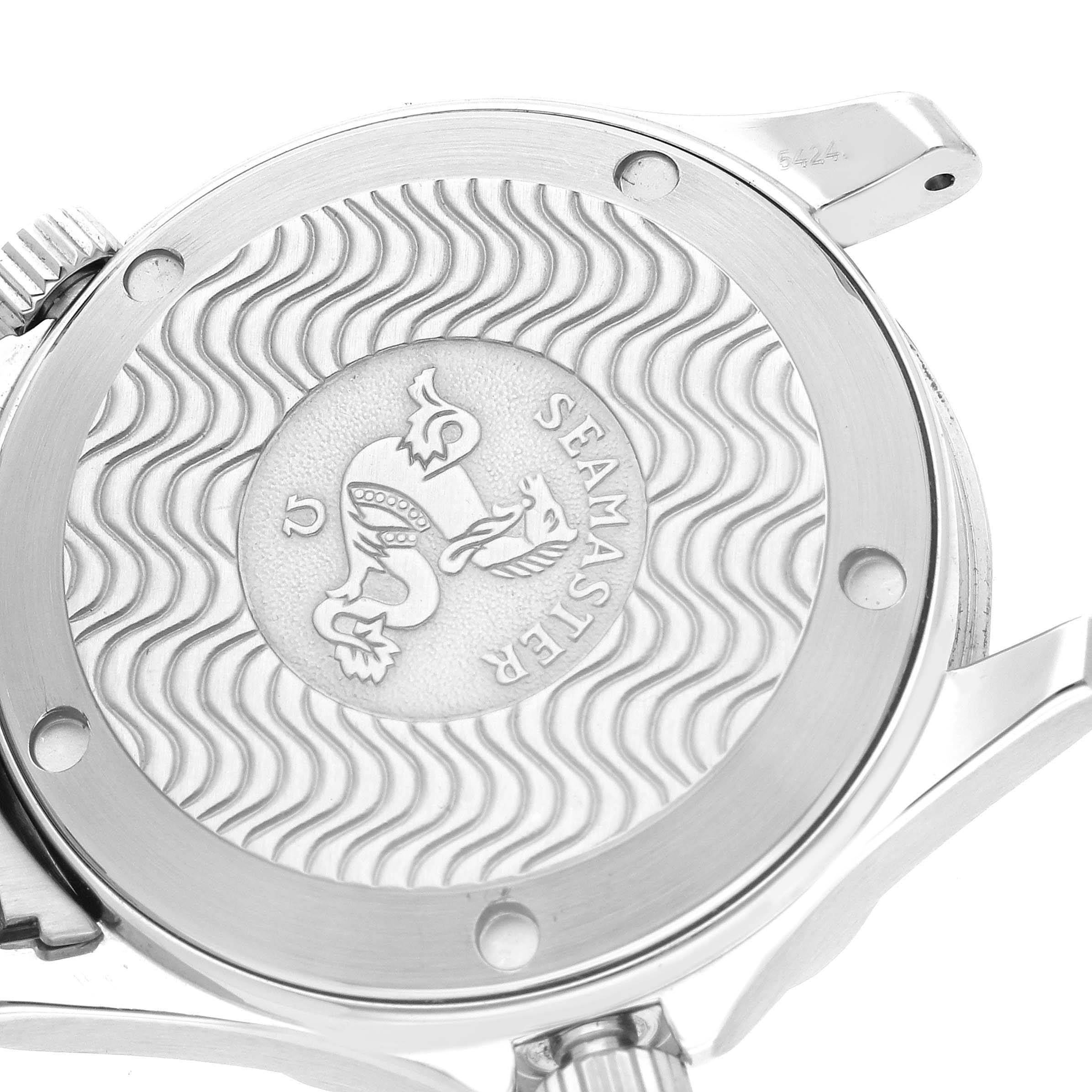 This image shows the engraved case back and crown of the Omega Seamaster 2561.80.00 Men
s Stainless Steel Blue Dial 2561.80.00 Men
s Stainless Steel Blue Dial watch model from a slightly angled top-down view.