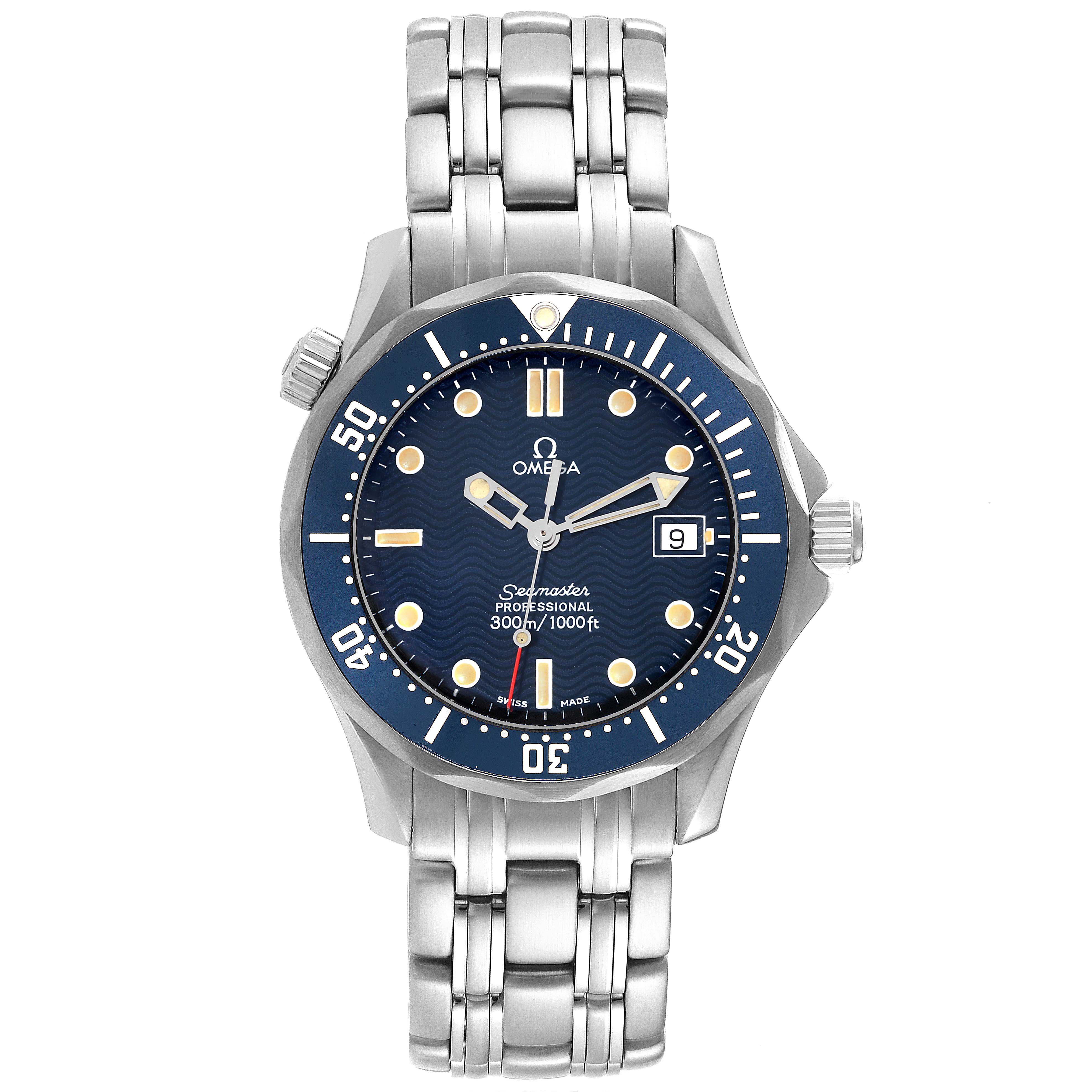 The image shows a front view of the Omega Seamaster 2561.80.00 Men
s Stainless Steel Blue Dial 2561.80.00 Men
s Stainless Steel Blue Dial watch, featuring its dial, bezel, crown, and stainless steel bracelet.