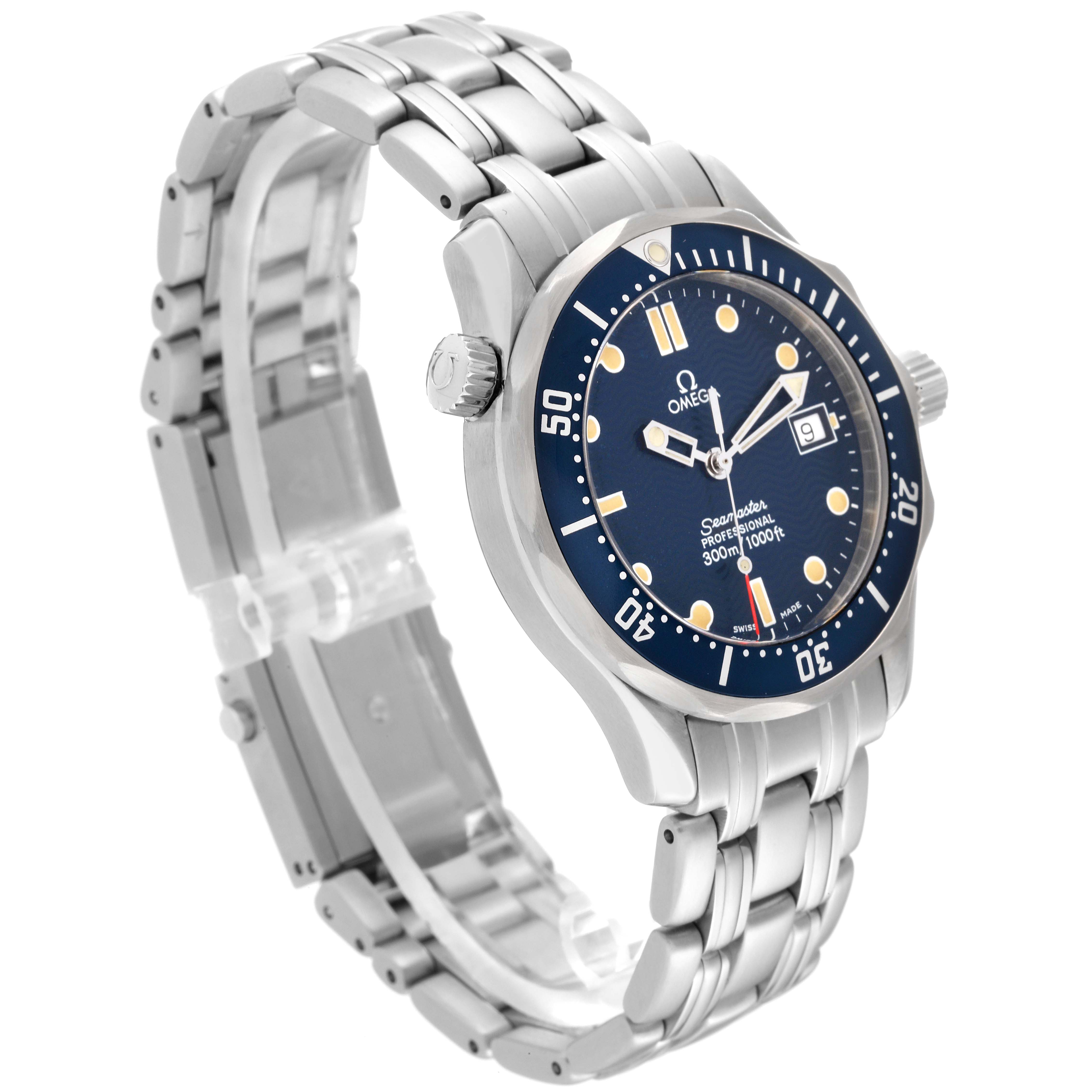 The image shows a side angle of the Omega Seamaster 2561.80.00 Men
s Stainless Steel Blue Dial 2561.80.00 Men
s Stainless Steel Blue Dial watch, highlighting its face, bezel, crown, and stainless steel bracelet.