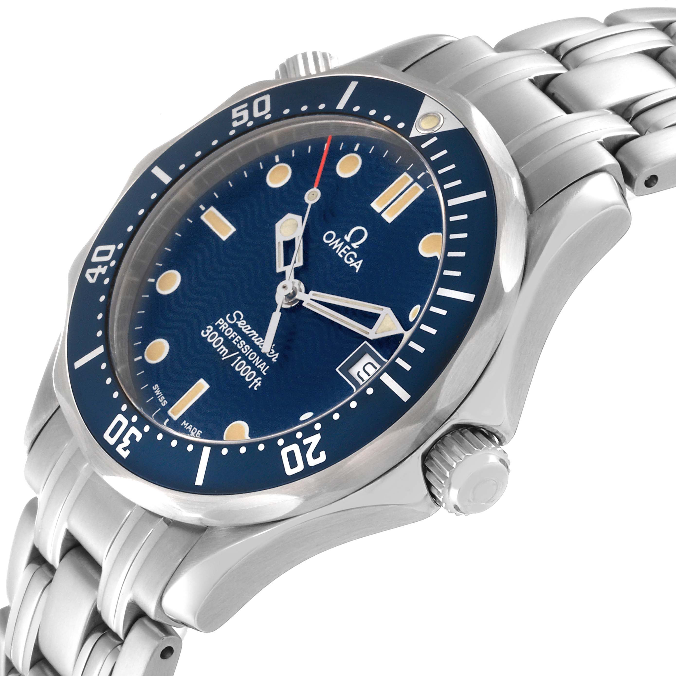 This Omega Seamaster 2561.80.00 Men
s Stainless Steel Blue Dial 2561.80.00 Men
s Stainless Steel Blue Dial watch is shown from an angled side view displaying the dial, bezel, crown, and part of the stainless steel bracelet.