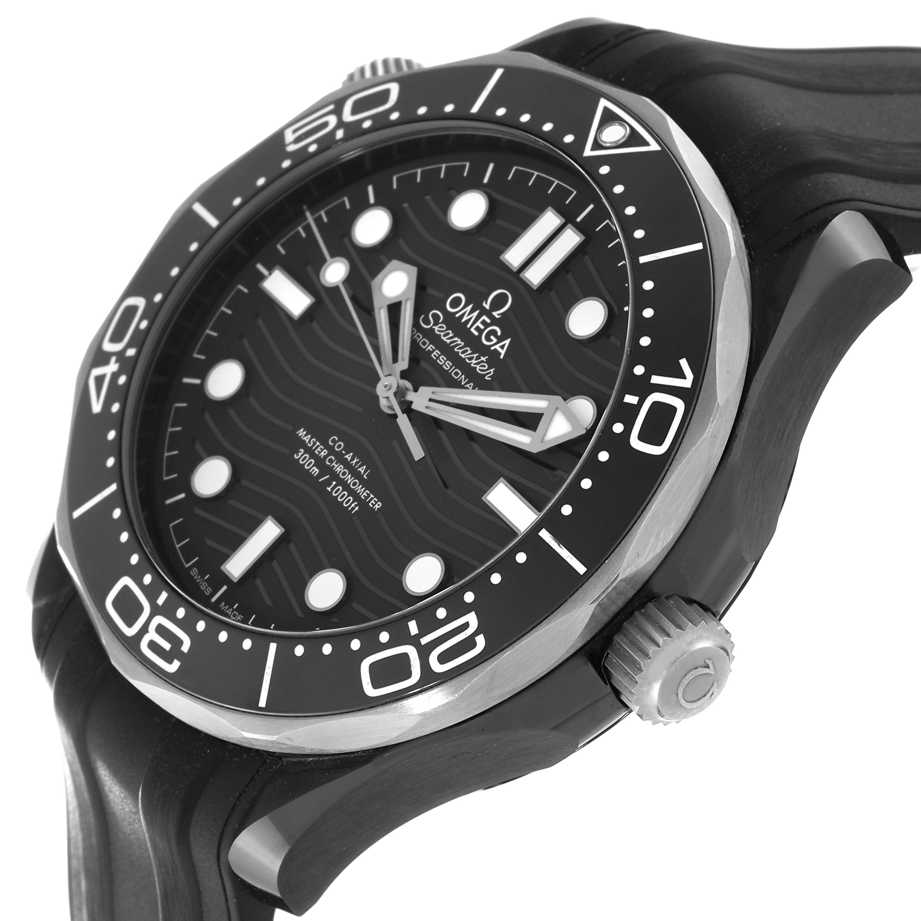 The image shows an angled view of the Omega Seamaster 210.92.44.20.01.001 Men's Ceramic Black Dial 210.92.44.20.01.001 Men's Ceramic Black Dial model, highlighting the face, bezel, and crown.