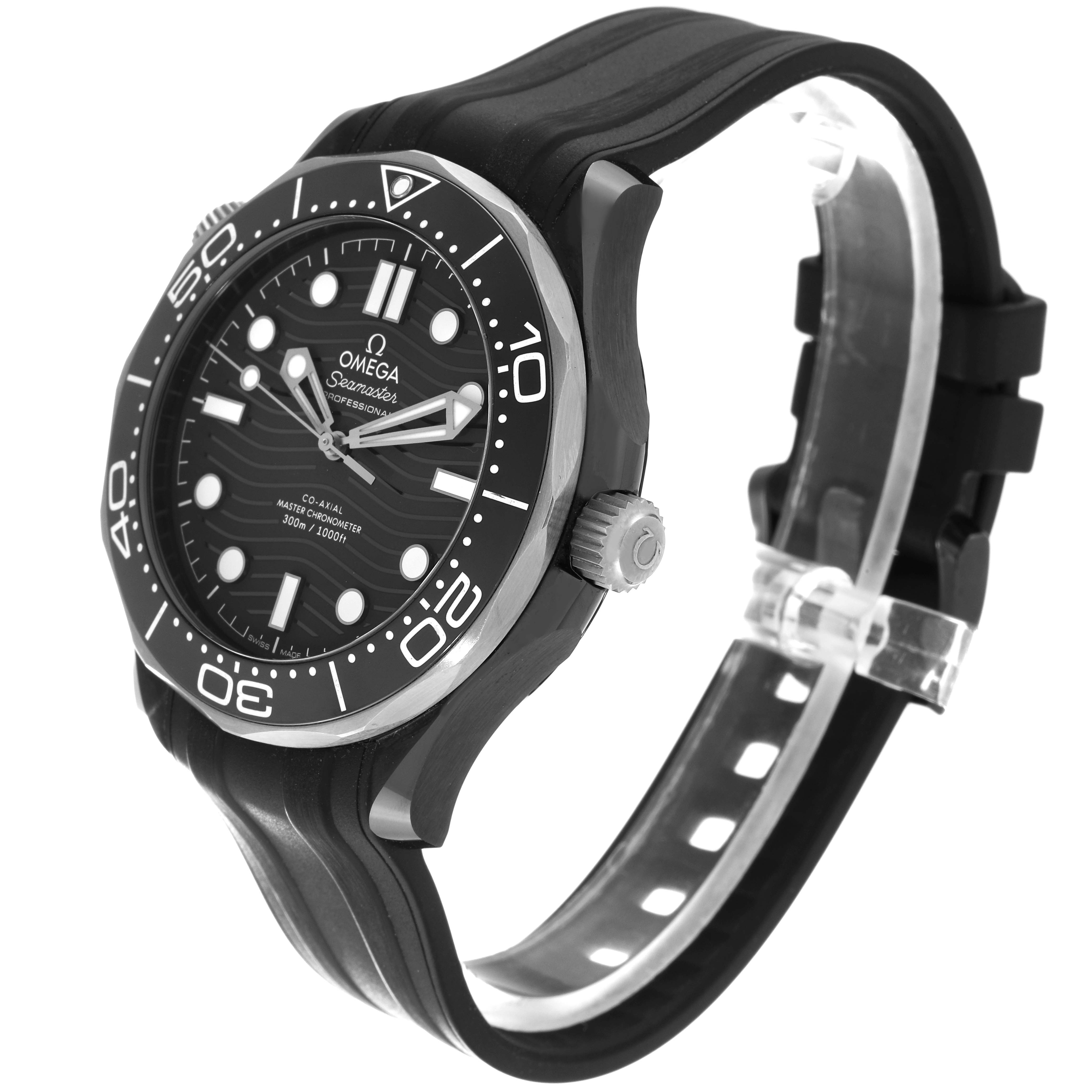 This image shows an Omega Seamaster 210.92.44.20.01.001 Men's Ceramic Black Dial 210.92.44.20.01.001 Men's Ceramic Black Dial watch from a front-side angle, highlighting its black dial, bezel, and strap.