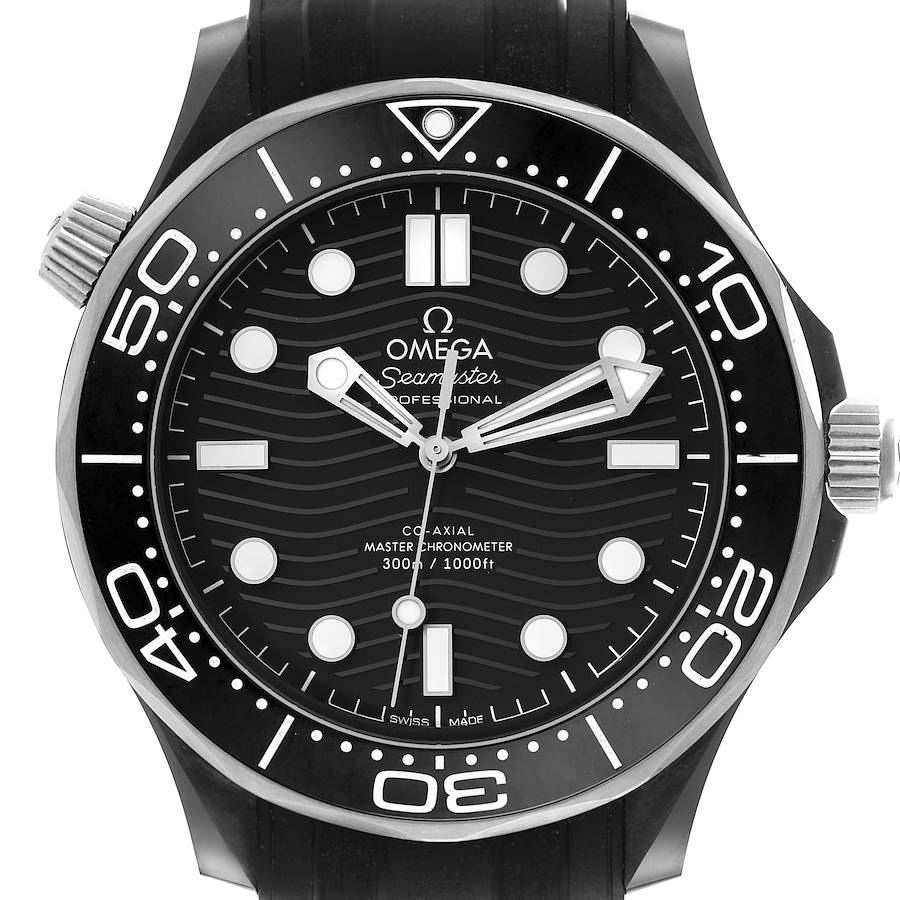 The image shows a front view of the Omega Seamaster watch, featuring the dial, bezel, and crowns.