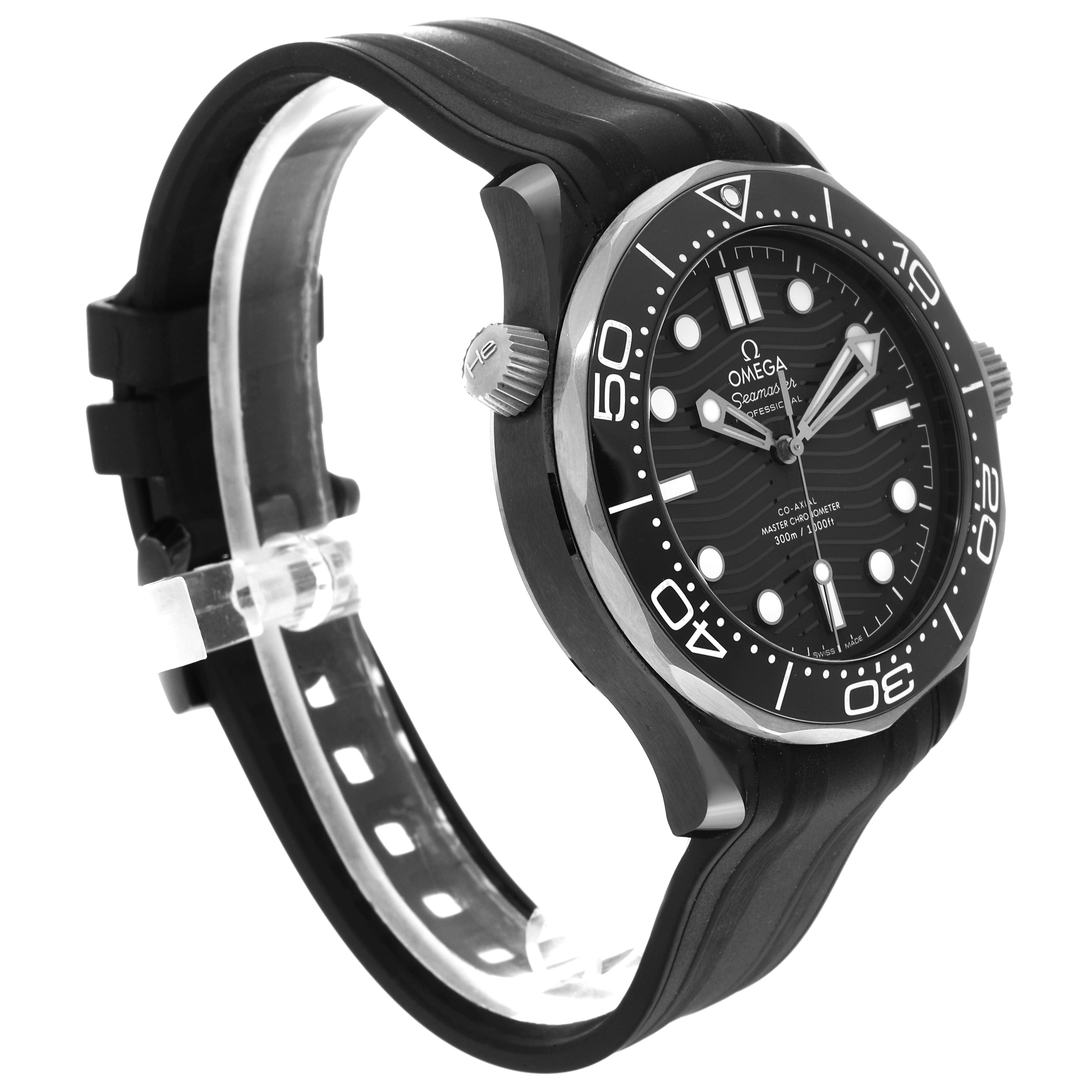 The image shows an angled side view of the Omega Seamaster 210.92.44.20.01.001 Men's Ceramic Black Dial 210.92.44.20.01.001 Men's Ceramic Black Dial watch, highlighting its black dial, bezel, and rubber strap.