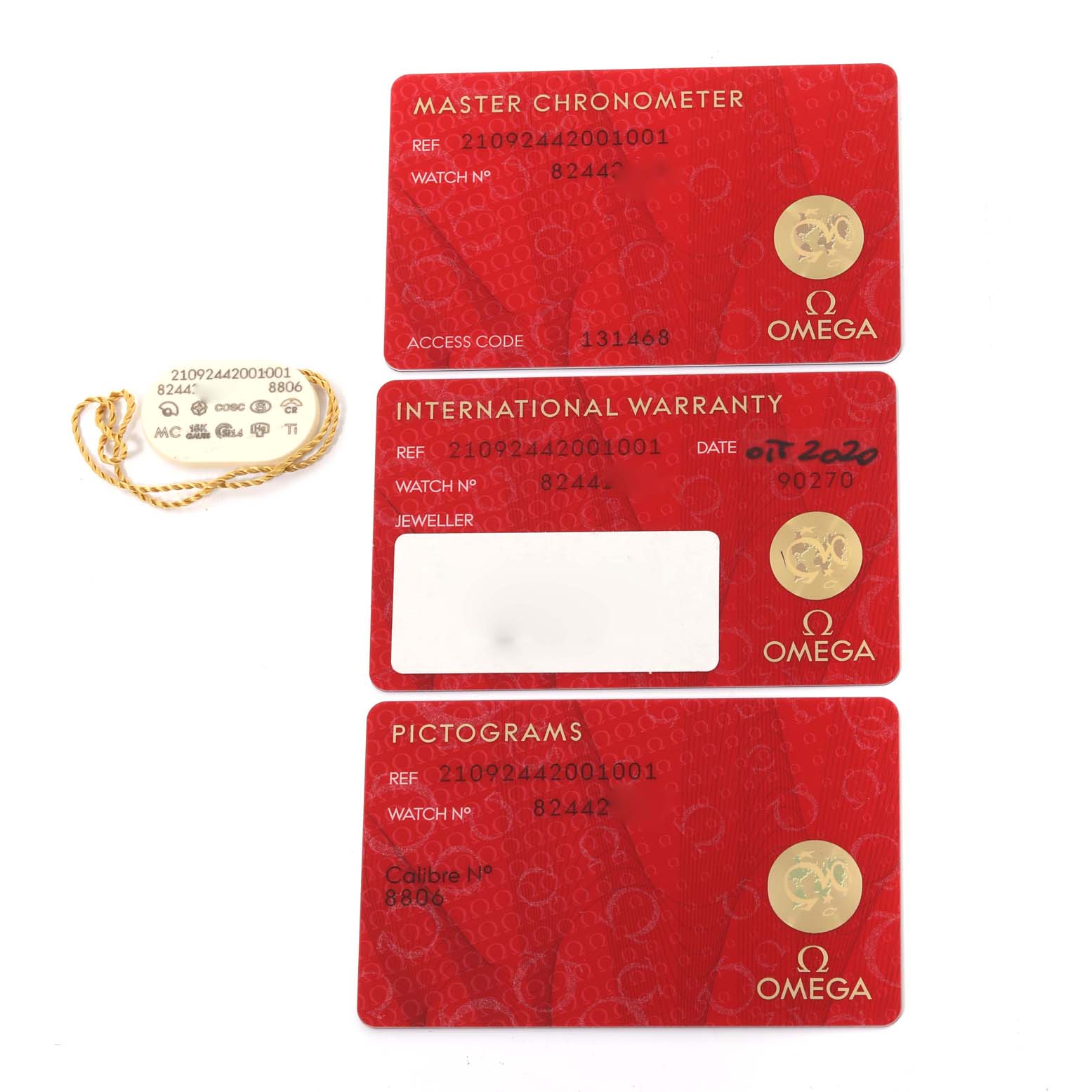 The image shows warranty and pictogram cards along with a tag for the Omega Seamaster 210.92.44.20.01.001 Men's Ceramic Black Dial 210.92.44.20.01.001 Men's Ceramic Black Dial model.