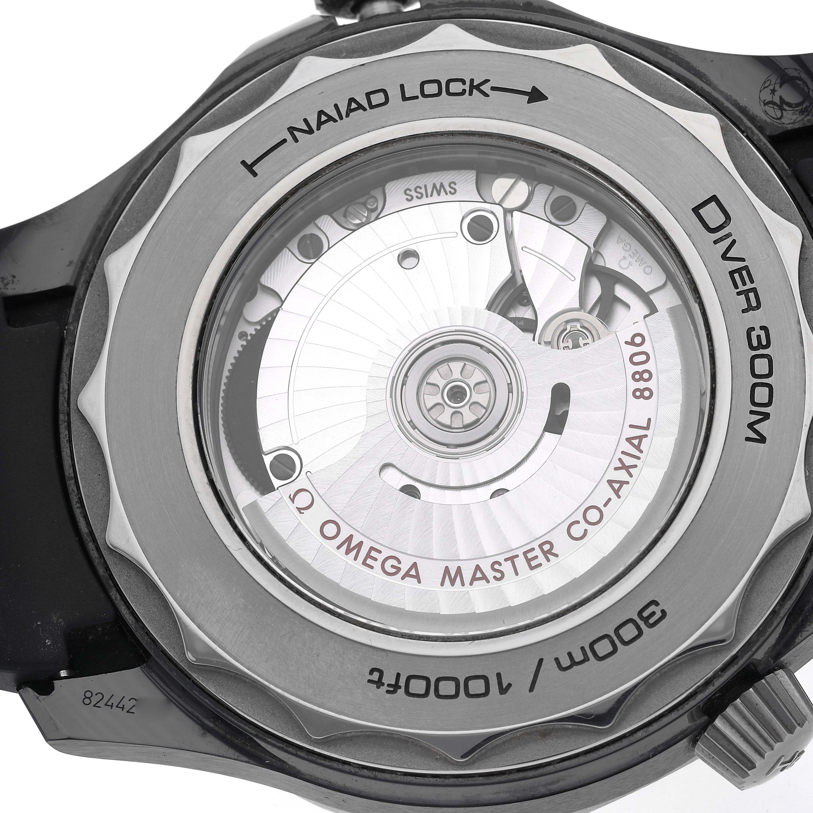 This image shows the back view of the Omega Seamaster 210.92.44.20.01.001 Men's Ceramic Black Dial 210.92.44.20.01.001 Men's Ceramic Black Dial Diver 300M, highlighting the Naiad Lock and the exposed movement.
