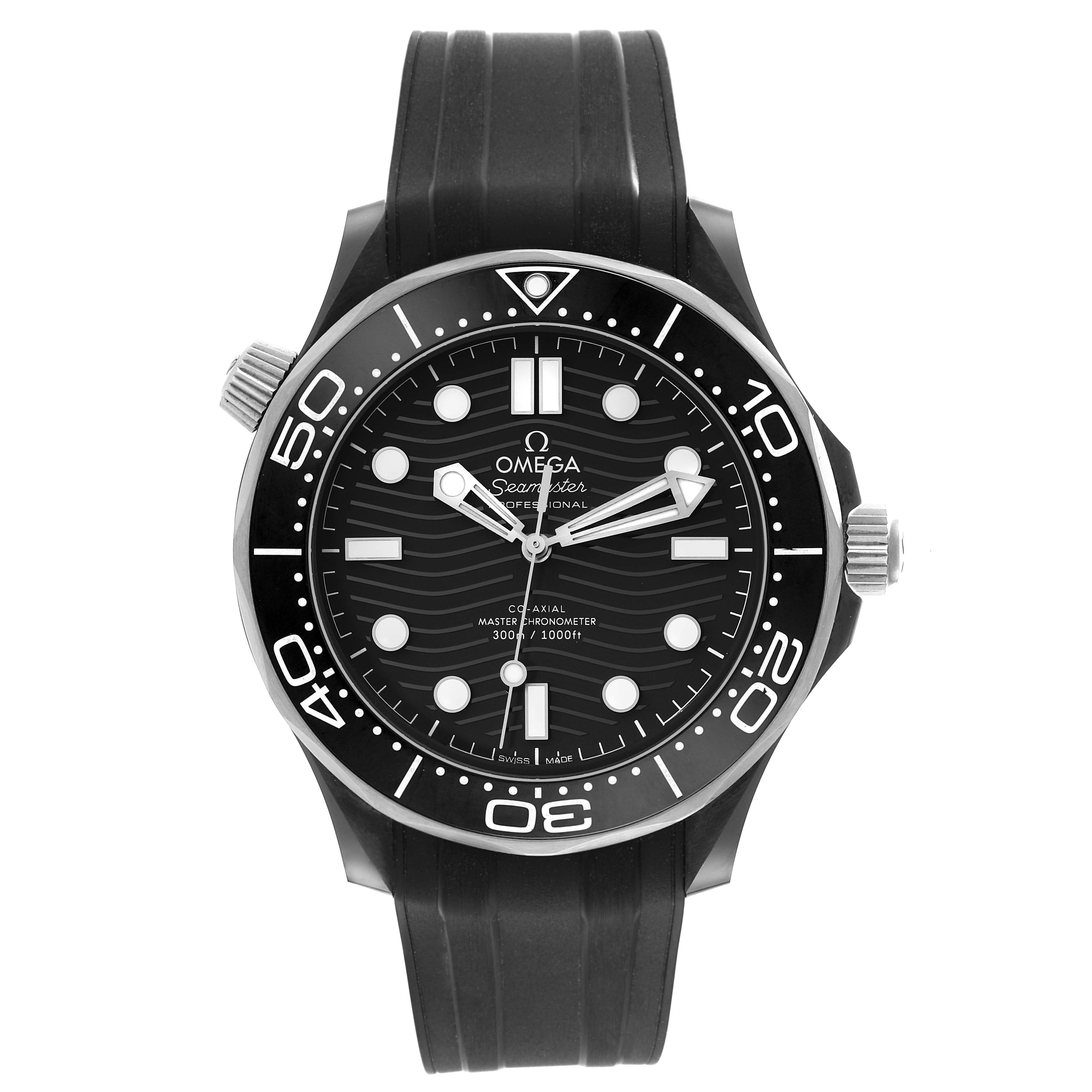 The image shows a front view of the Omega Seamaster 210.92.44.20.01.001 Men's Ceramic Black Dial 210.92.44.20.01.001 Men's Ceramic Black Dial watch, highlighting the dial, bezel, and rubber strap.