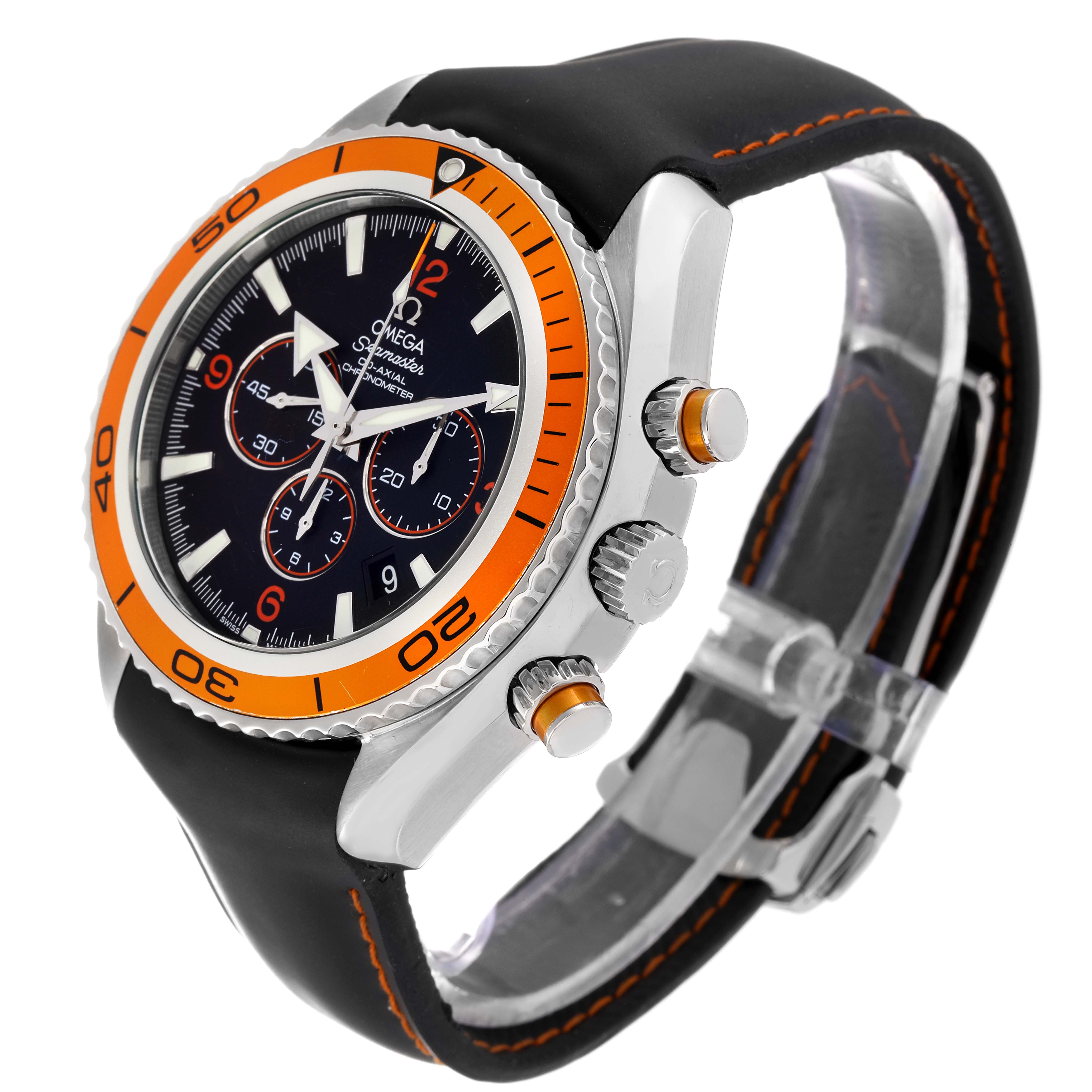 This image of an Omega Planet Ocean 2918.50.82 Men's Stainless Steel Black Dial 2918.50.82 Men's Stainless Steel Black Dial watch shows a three-quarters view highlighting the face, bezel, crown, and part of the strap.