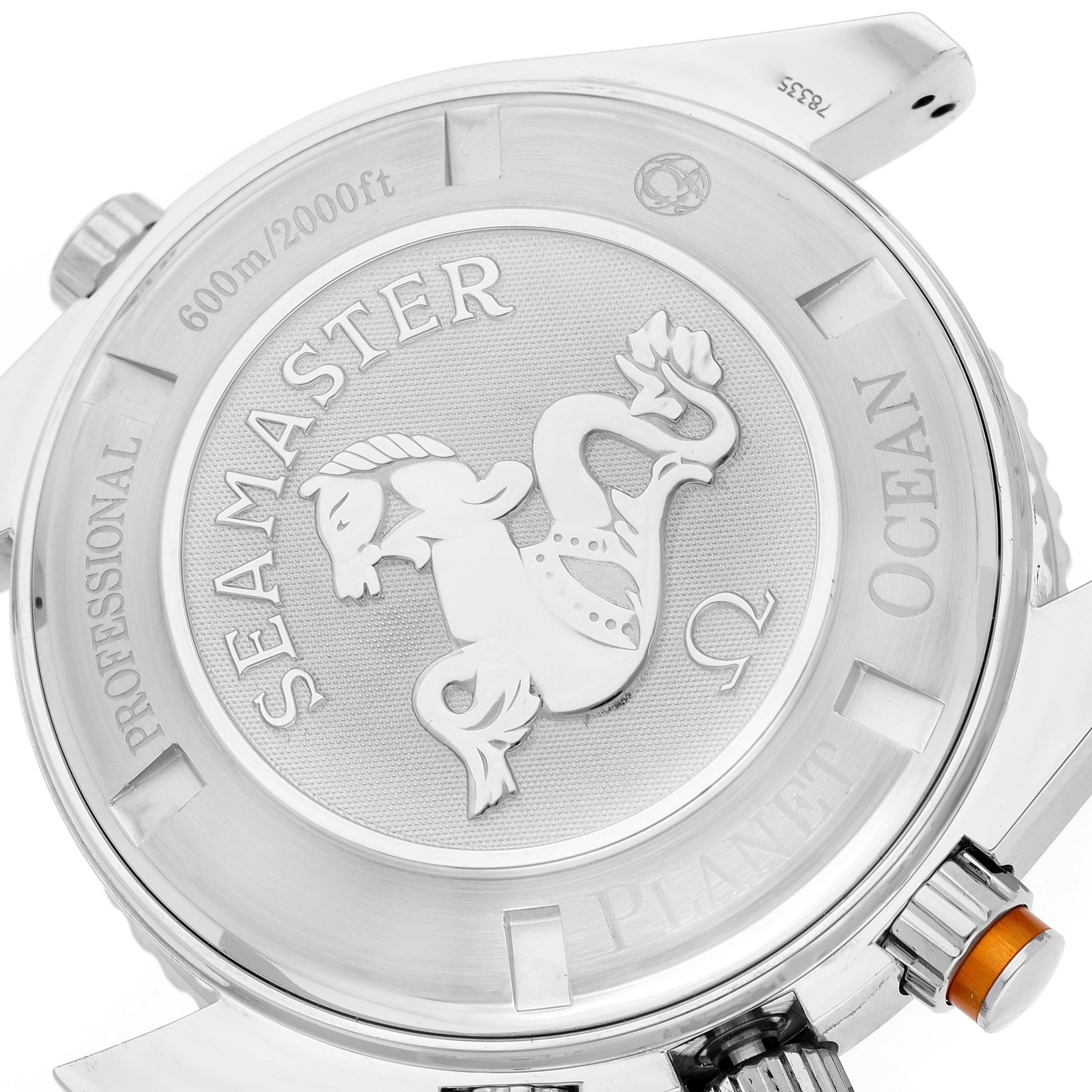 The image shows a close-up of the back case of an Omega Planet Ocean 2918.50.82 Men's Stainless Steel Black Dial 2918.50.82 Men's Stainless Steel Black Dial Seamaster watch.