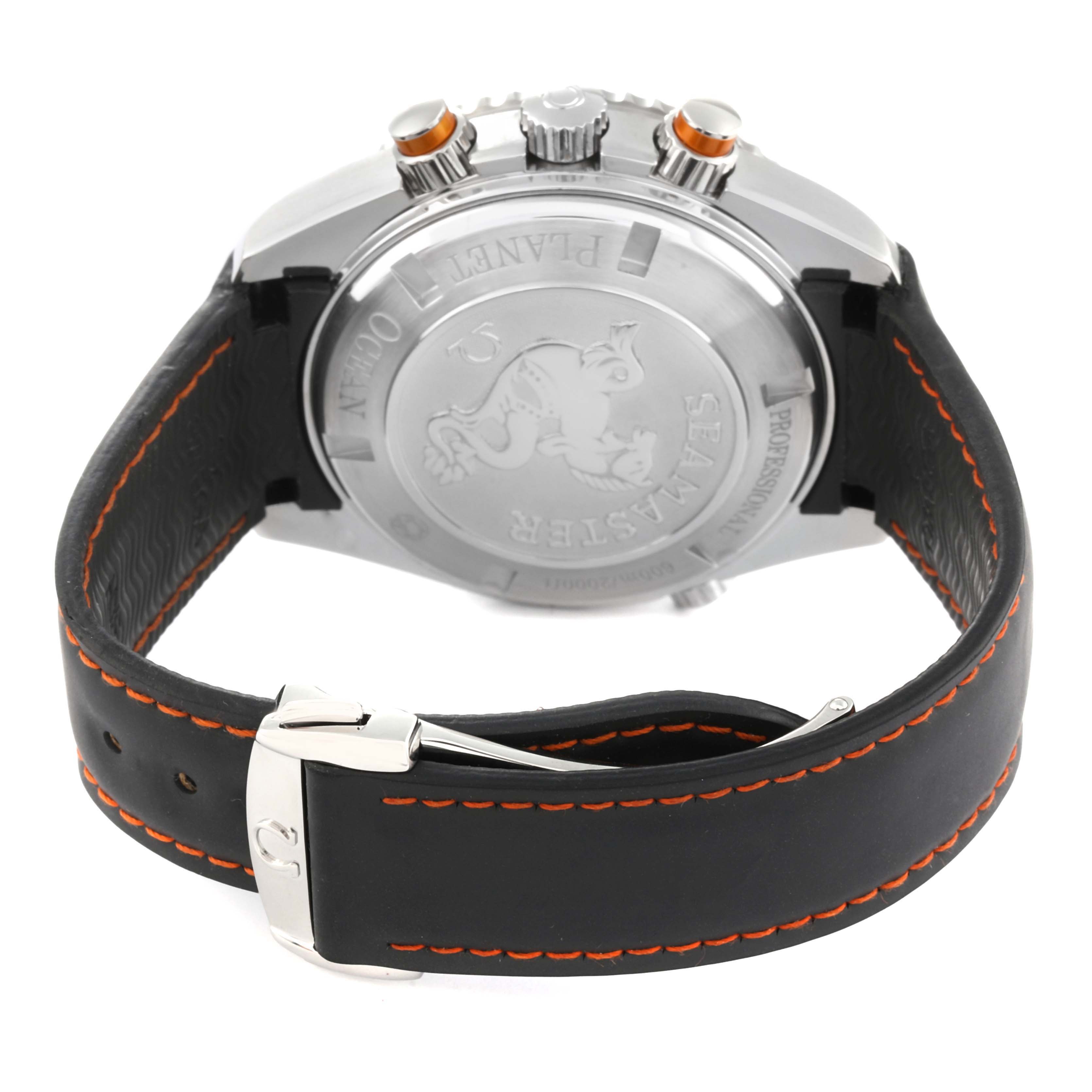 The image shows the case back and strap, including stitching and clasp, of an Omega Planet Ocean 2918.50.82 Men's Stainless Steel Black Dial 2918.50.82 Men's Stainless Steel Black Dial watch from a rear angle.