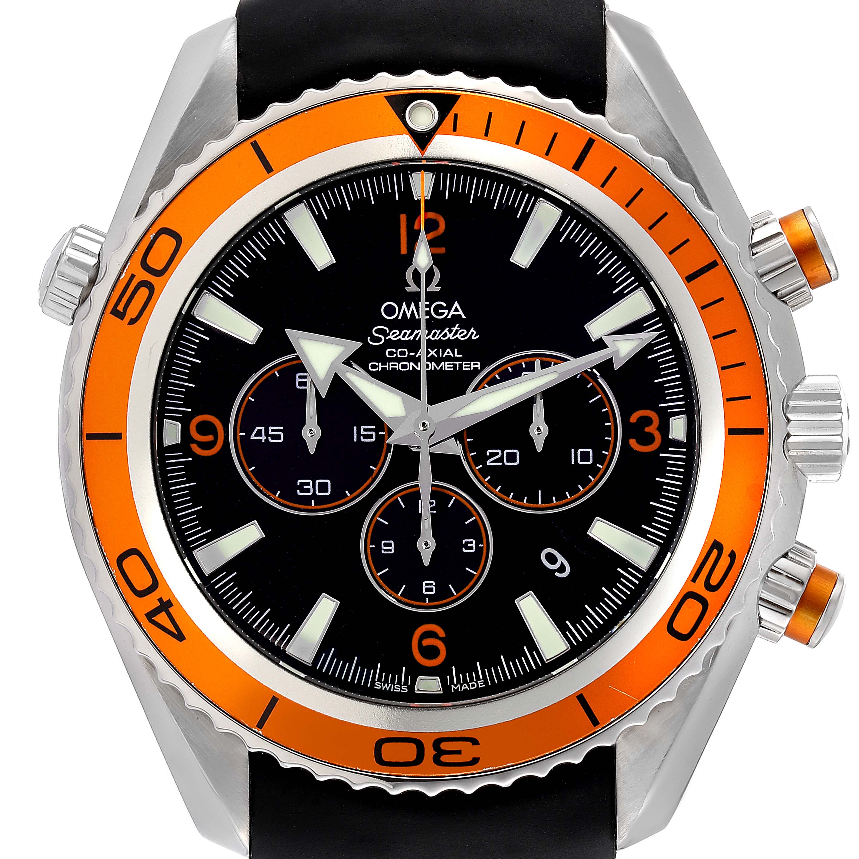This image shows the front view of the Omega Planet Ocean 2918.50.82 Men's Stainless Steel Black Dial 2918.50.82 Men's Stainless Steel Black Dial Seamaster watch, featuring its dial, bezel, and chronograph subdials.