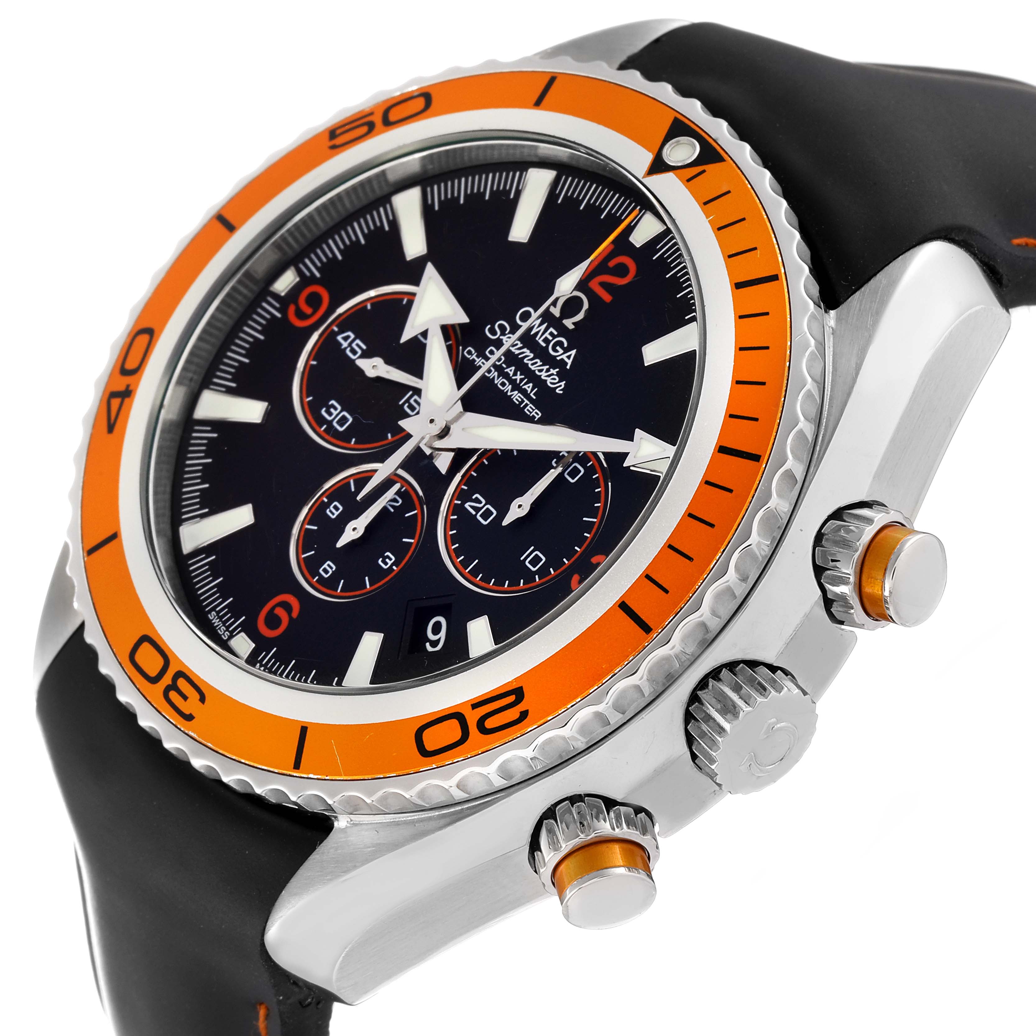 The image shows a side angle of the Omega Planet Ocean 2918.50.82 Men's Stainless Steel Black Dial 2918.50.82 Men's Stainless Steel Black Dial watch highlighting the crown, pushers, and orange bezel.