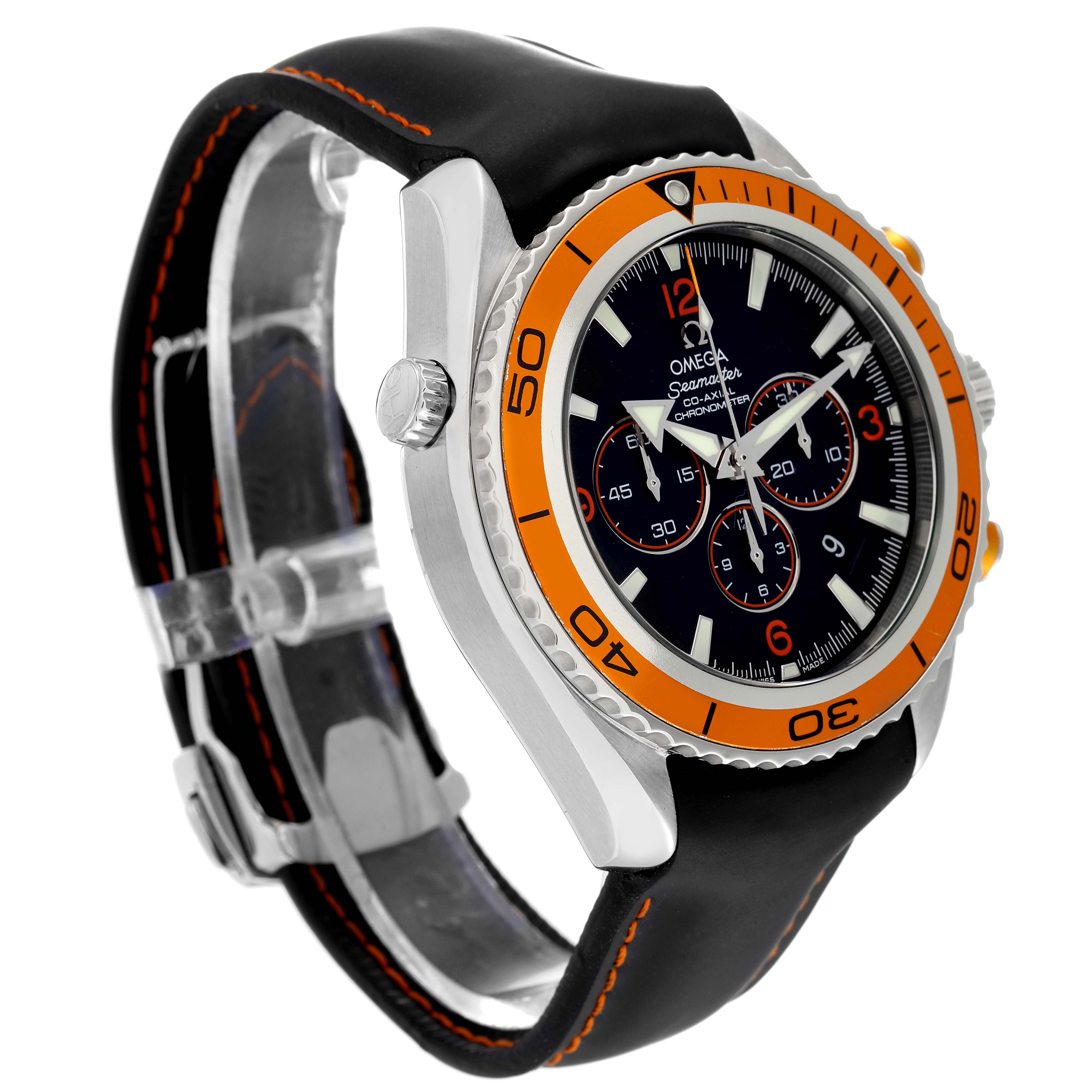 The image shows a side and front angle of the Omega Planet Ocean 2918.50.82 Men's Stainless Steel Black Dial 2918.50.82 Men's Stainless Steel Black Dial watch featuring an orange bezel and black leather strap.