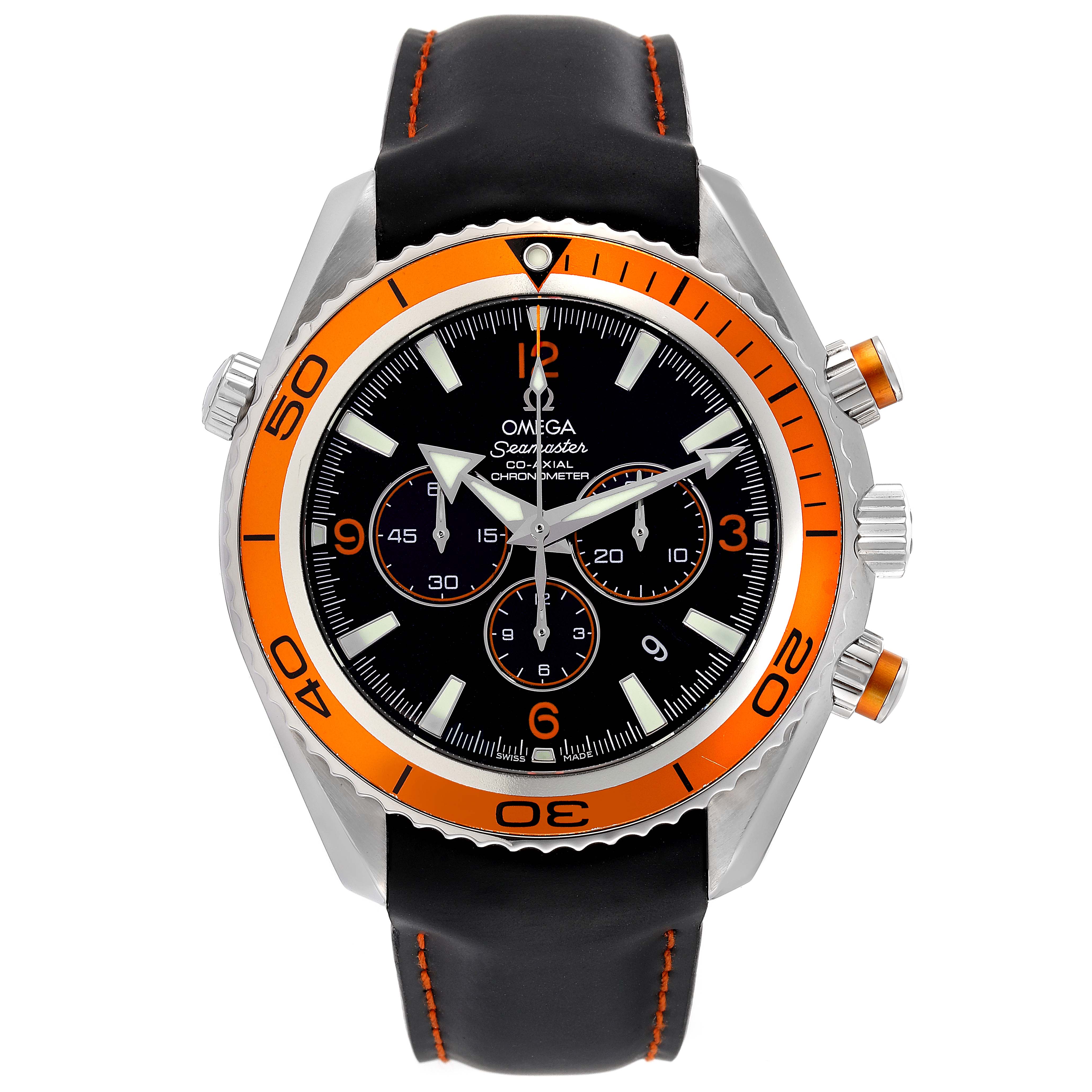 The image shows a front view of the Omega Planet Ocean 2918.50.82 Men's Stainless Steel Black Dial 2918.50.82 Men's Stainless Steel Black Dial model watch, highlighting the dial, bezel, and leather strap.
