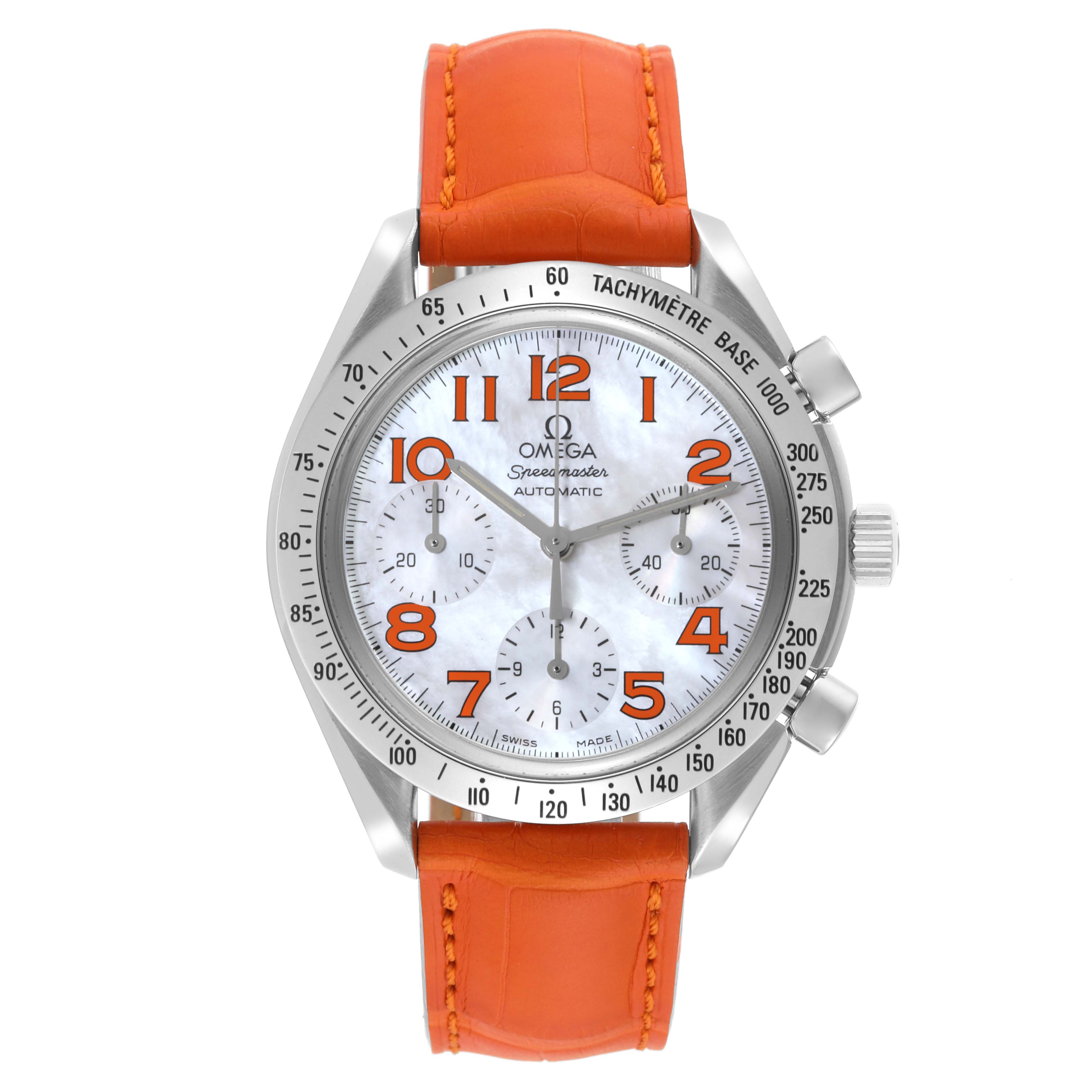 This image shows a front view of an Omega Speedmaster 3834.78.38 Men's Stainless Steel Mother of Pearl Dial 3834.78.38 Men's Stainless Steel Mother of Pearl Dial watch with an orange strap and silver bezel.