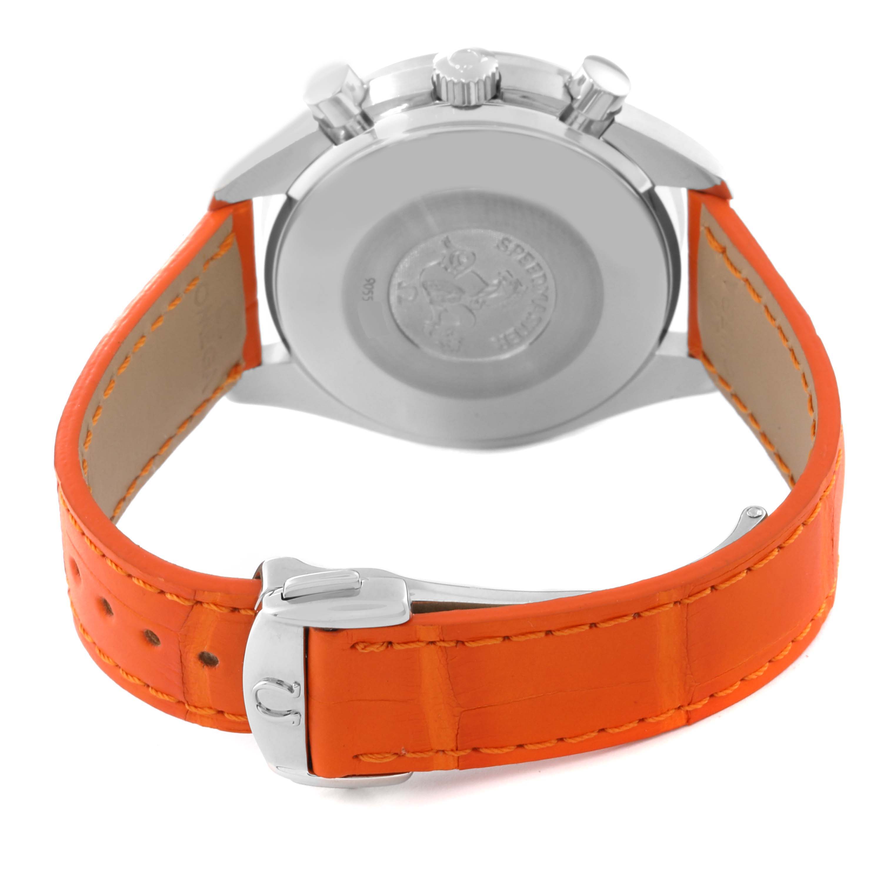 This image shows the back case and orange leather strap of an Omega Speedmaster 3834.78.38 Men's Stainless Steel Mother of Pearl Dial 3834.78.38 Men's Stainless Steel Mother of Pearl Dial watch.
