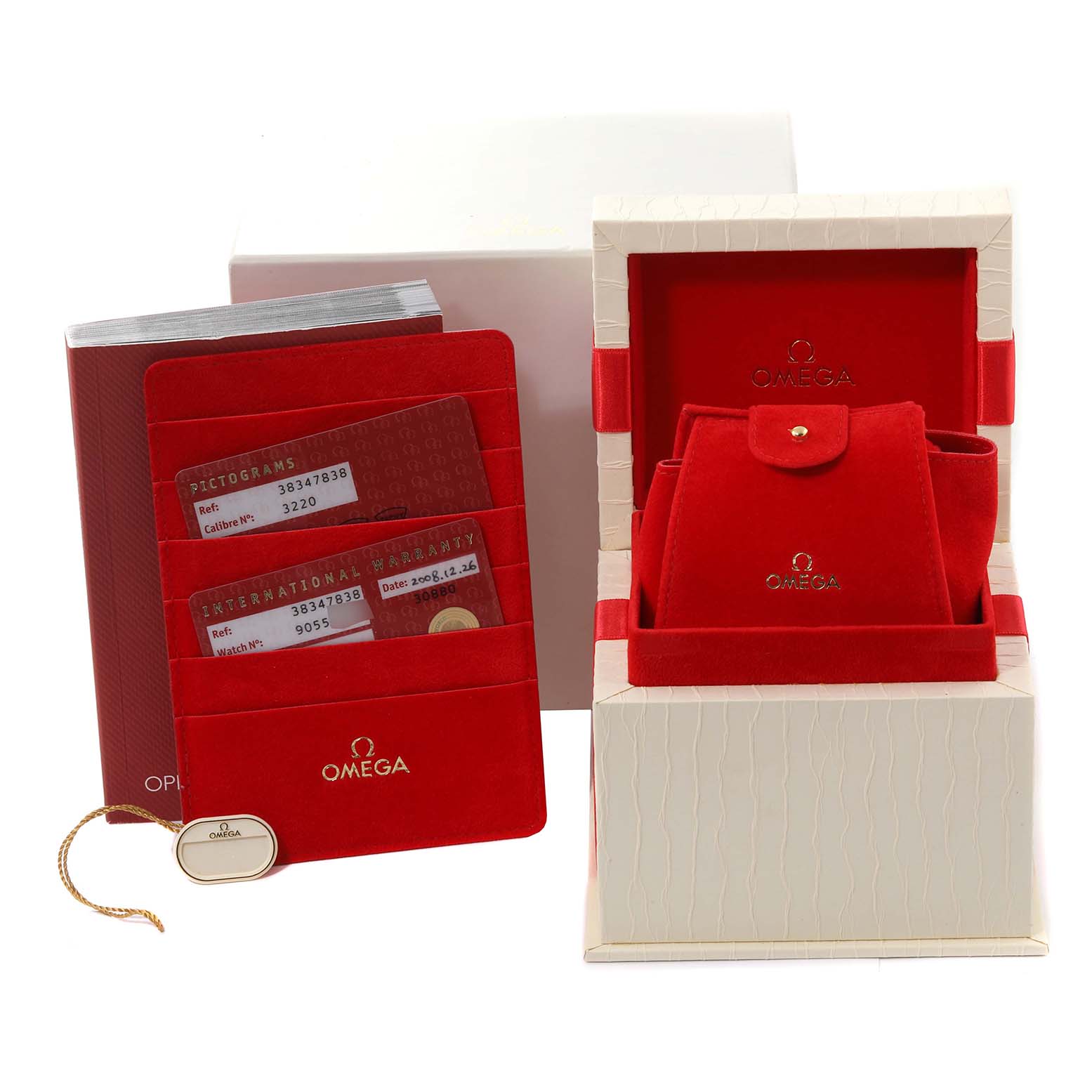 The image shows the packaging, warranty cards, and a red pouch for the Omega Speedmaster 3834.78.38 Men's Stainless Steel Mother of Pearl Dial 3834.78.38 Men's Stainless Steel Mother of Pearl Dial watch.