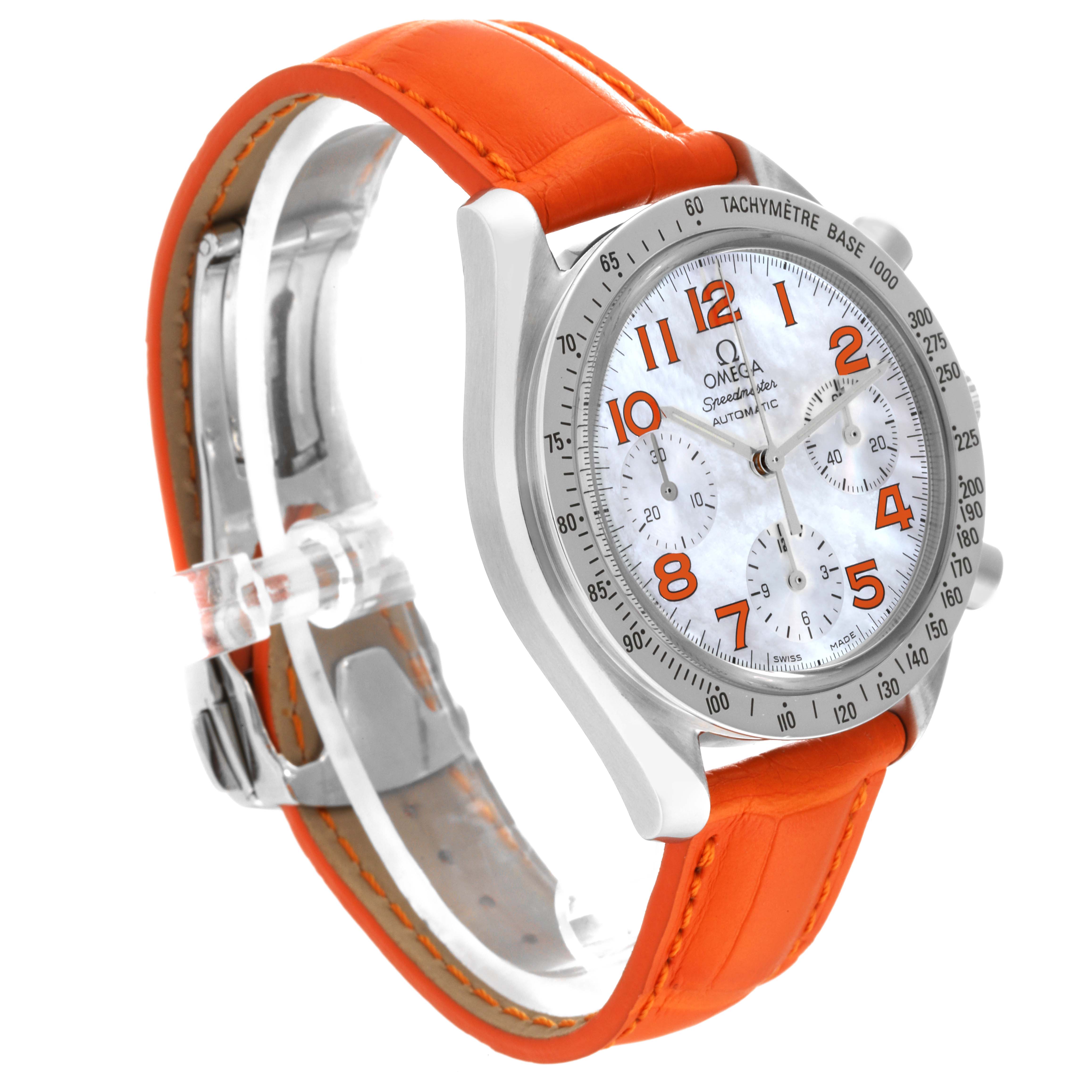 The Omega Speedmaster 3834.78.38 Men's Stainless Steel Mother of Pearl Dial 3834.78.38 Men's Stainless Steel Mother of Pearl Dial watch is shown from a slight side angle, highlighting its orange leather strap and detailed face.