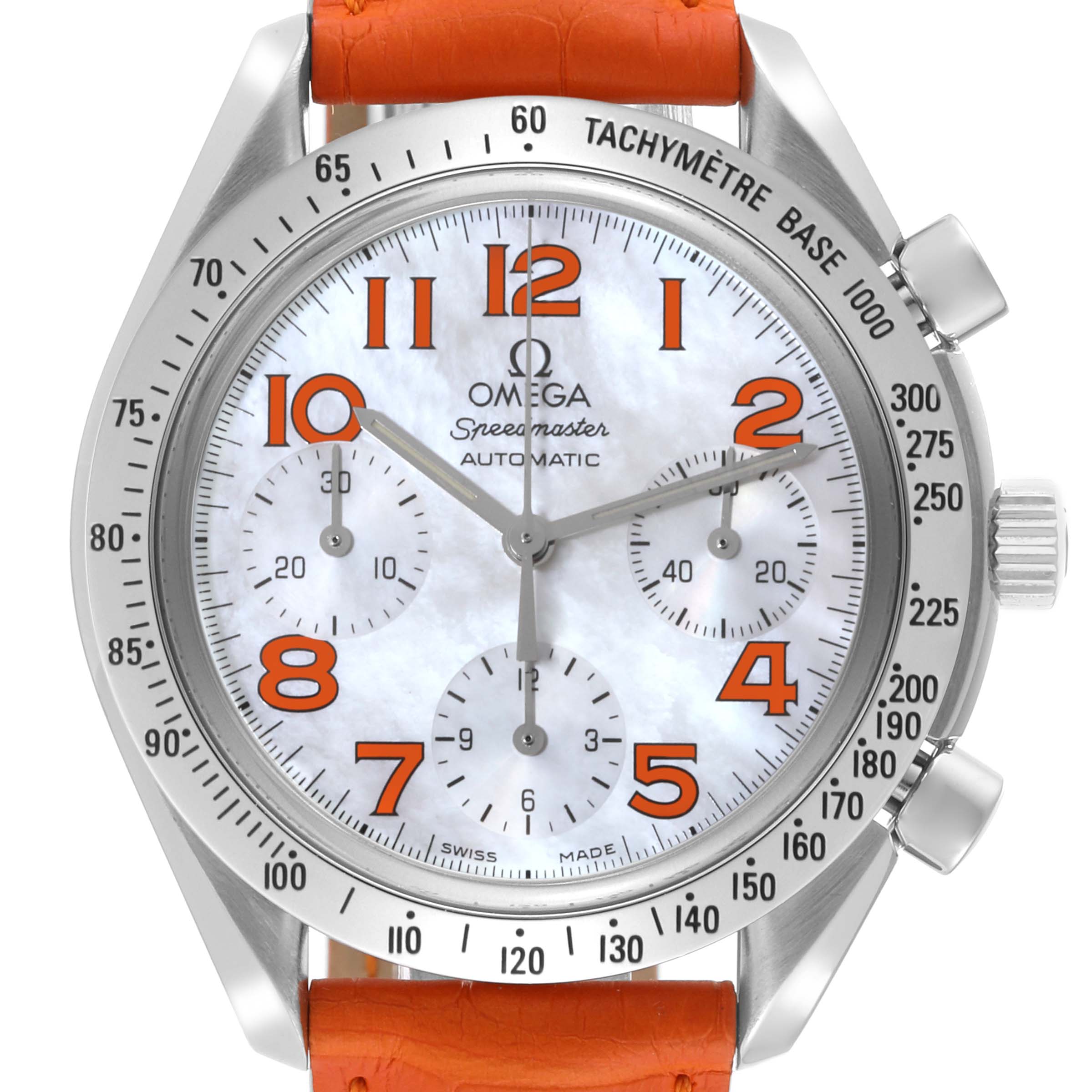 This image shows the front view of an Omega Speedmaster 3834.78.38 Men's Stainless Steel Mother of Pearl Dial 3834.78.38 Men's Stainless Steel Mother of Pearl Dial watch, highlighting the dial, hands, subdials, and tachymeter bezel.