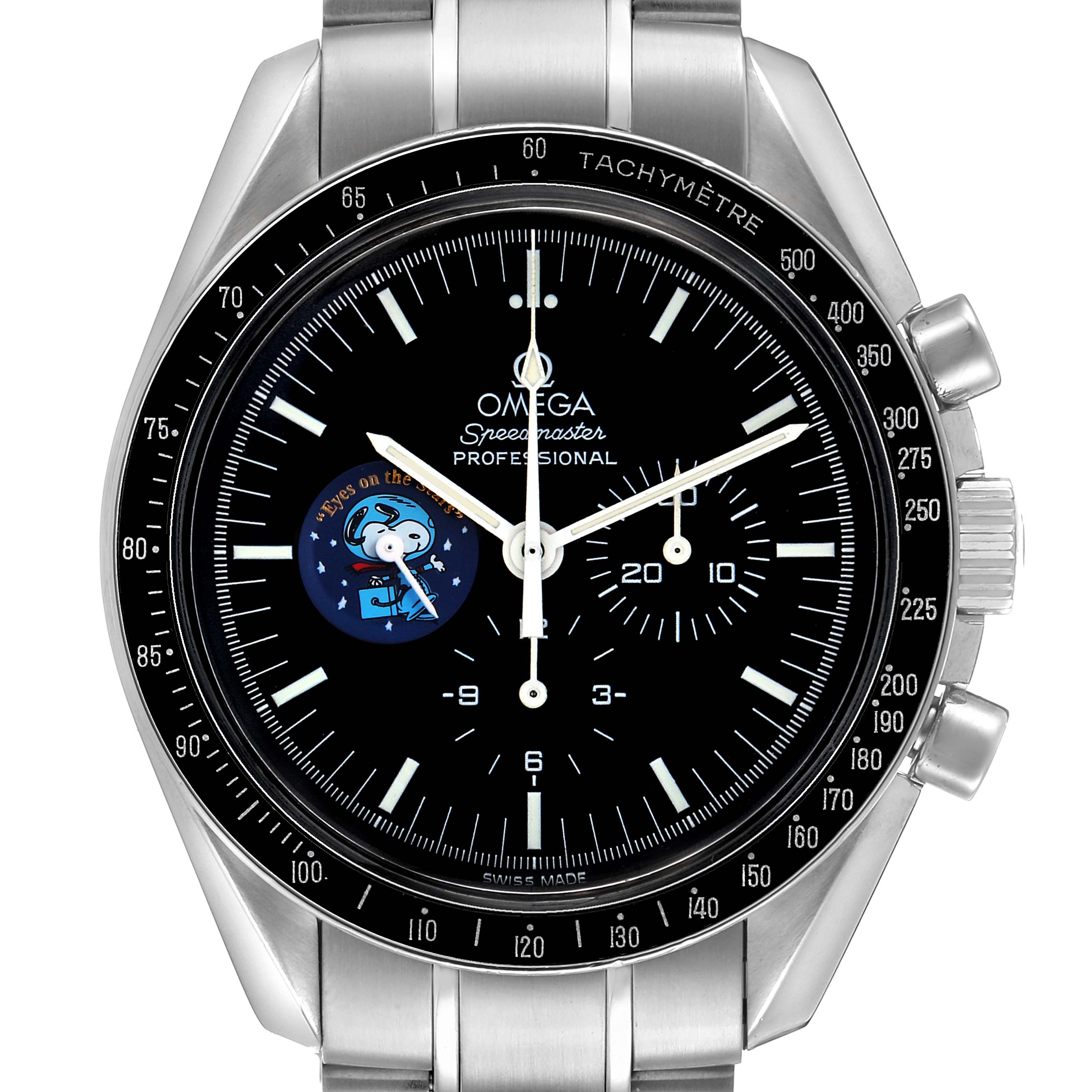 This Omega Speedmaster 3578.51.00 Men's Stainless Steel Black Dial watch is shown from a front angle, highlighting its dial, subdials, bezel, and bracelet.