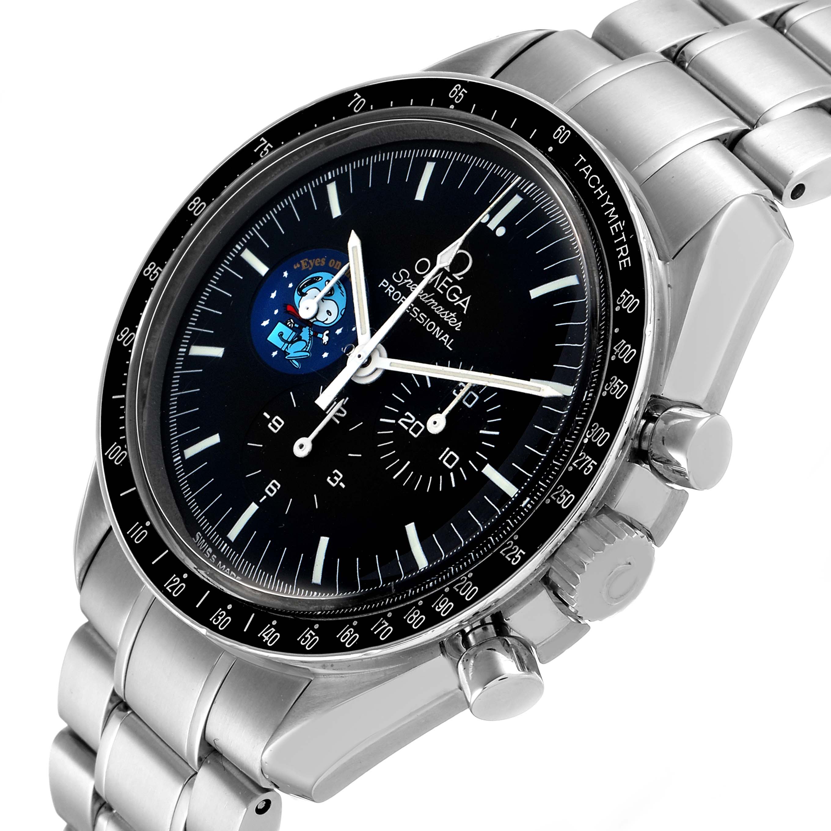 The Omega Speedmaster 3578.51.00 Men's Stainless Steel Black Dial model is shown at a three-quarter angle, highlighting the dial, bezel, and stainless steel bracelet.