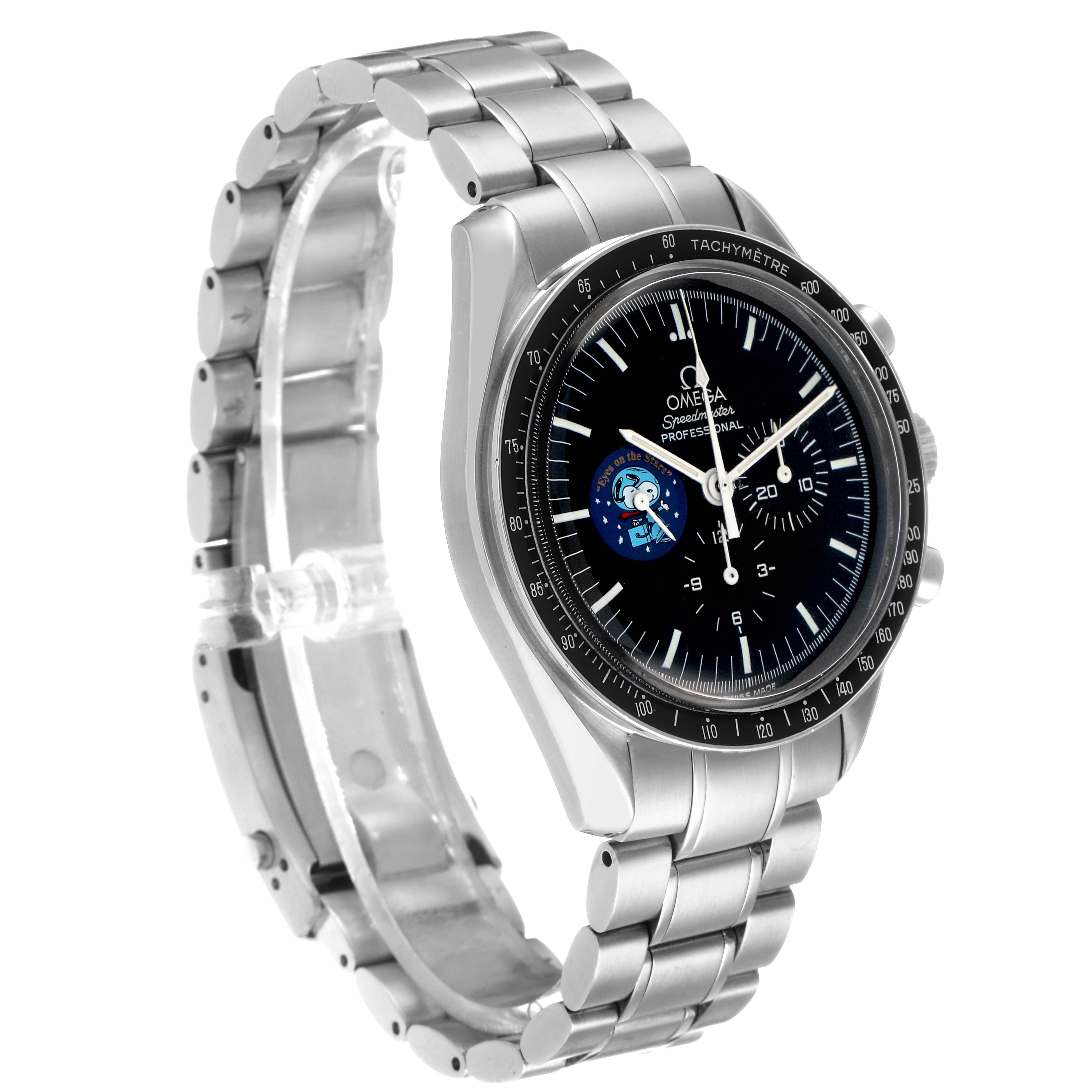The Omega Speedmaster 3578.51.00 Men's Stainless Steel Black Dial watch is shown at a three-quarter angle, highlighting the face, bezel, and stainless steel bracelet.