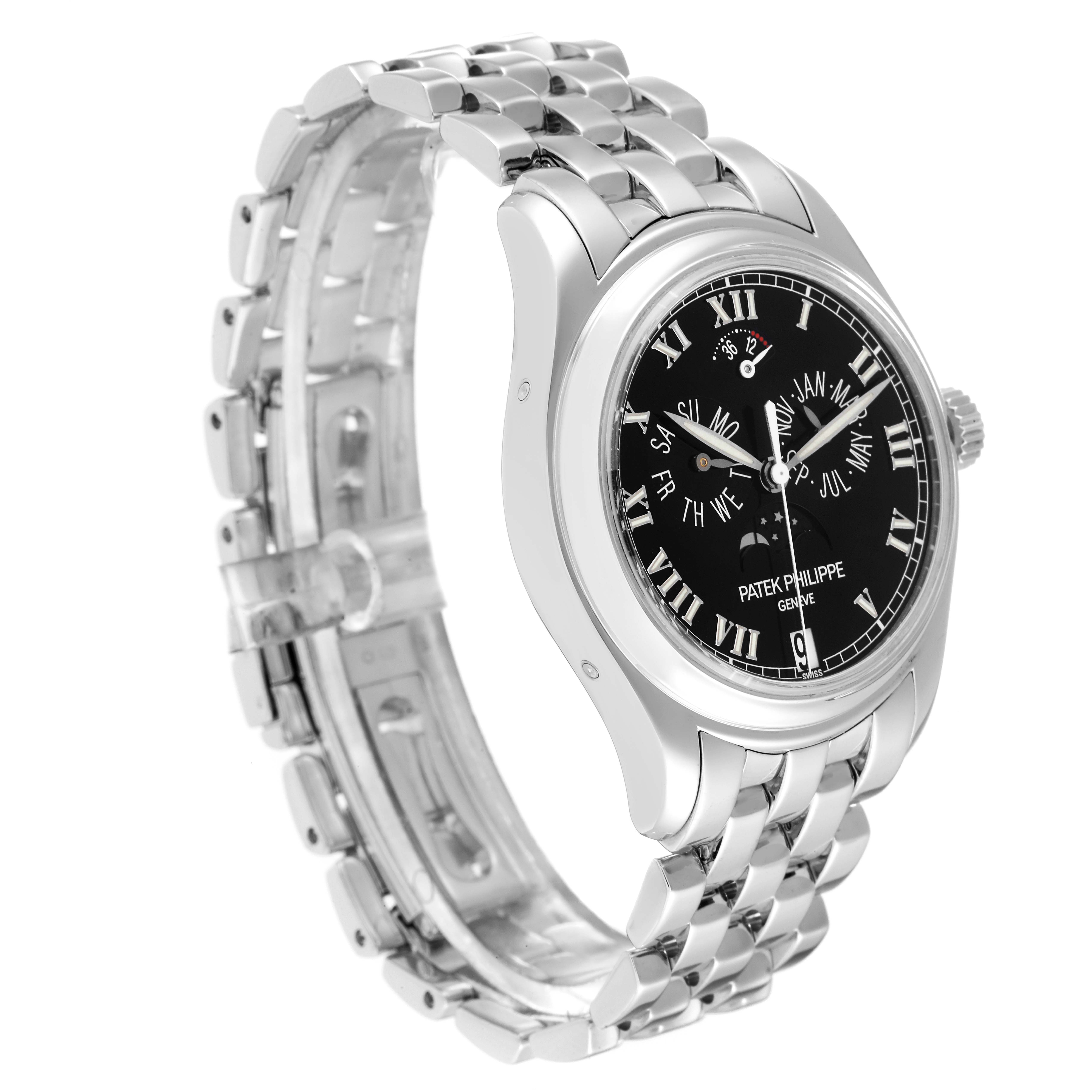 The image shows a Patek Philippe Complications 5036/1G Men's White Gold Black Dial 5036/1G Men's White Gold Black Dial watch from a front-left angle detailing the dial and metal bracelet.