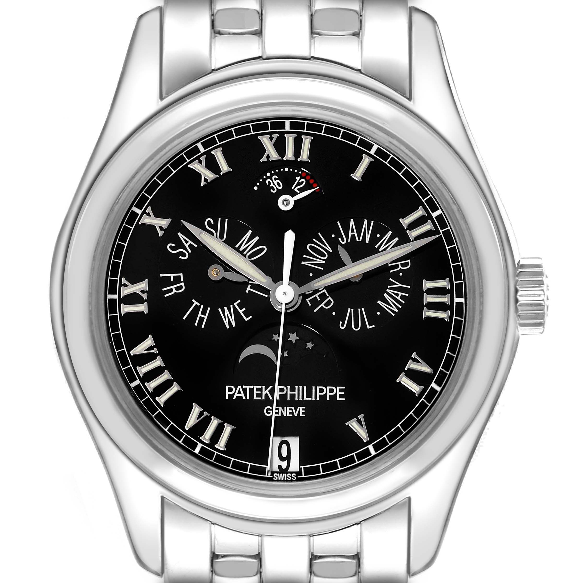 The image shows a front view of the Patek Philippe Complications 5036/1G Men's White Gold Black Dial 5036/1G Men's White Gold Black Dial model, displaying the watch face, case, and part of the bracelet.