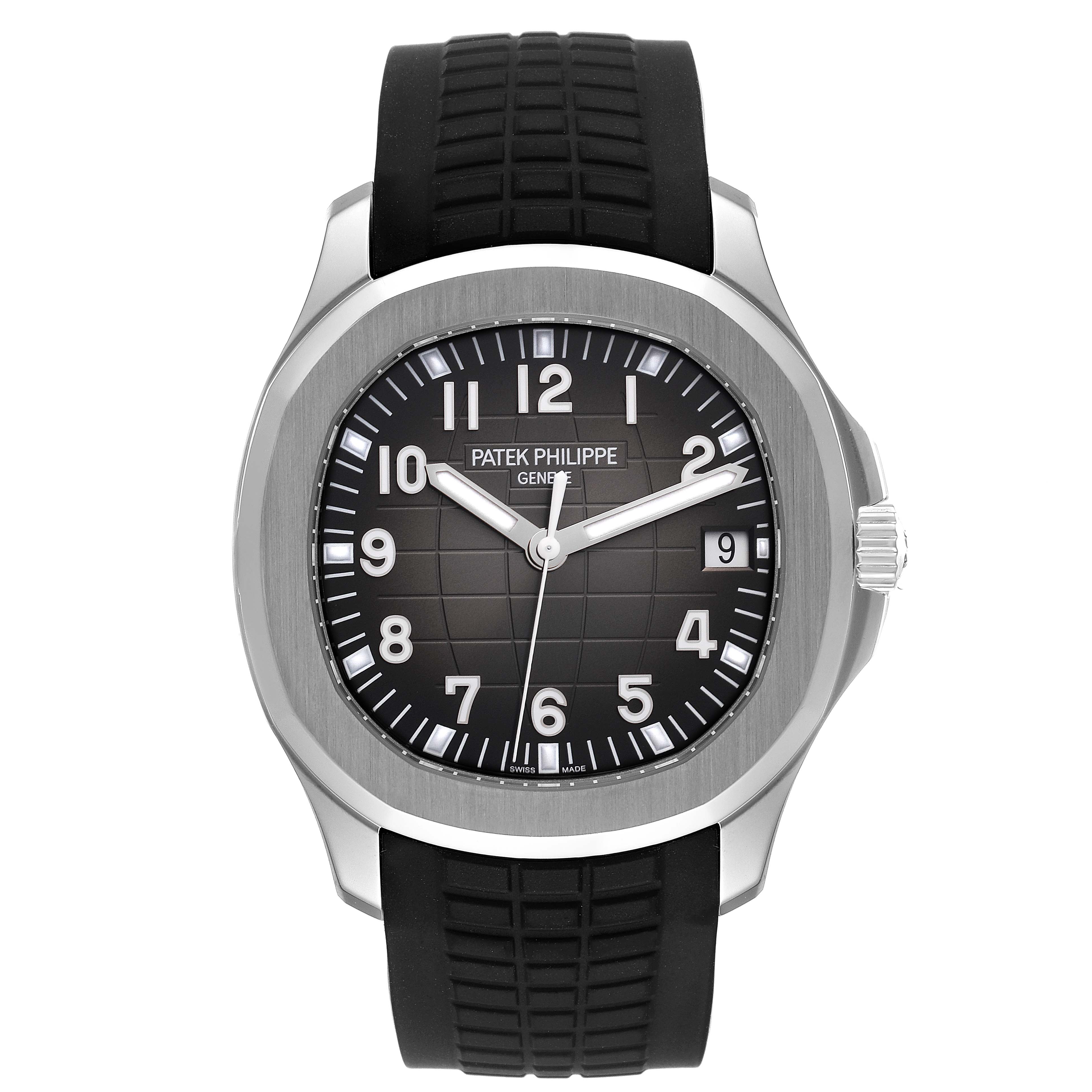The image shows a front view of a Patek Philippe Aquanaut 5167A Men's Stainless Steel Black Dial 5167A Men's Stainless Steel Black Dial watch, highlighting the dial, numerals, hands, bezel, crown, and strap.