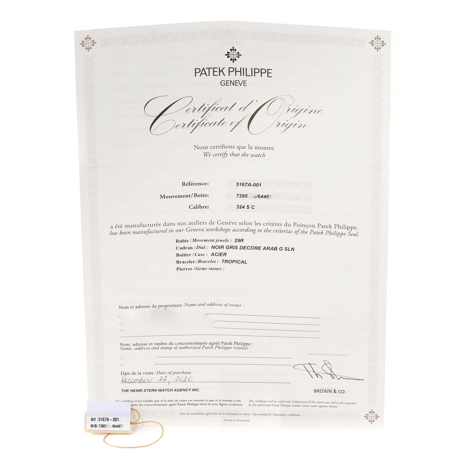 The image shows a Certificate of Origin and a reference tag for a Patek Philippe Aquanaut 5167A Men's Stainless Steel Black Dial 5167A Men's Stainless Steel Black Dial model 5167A-001.