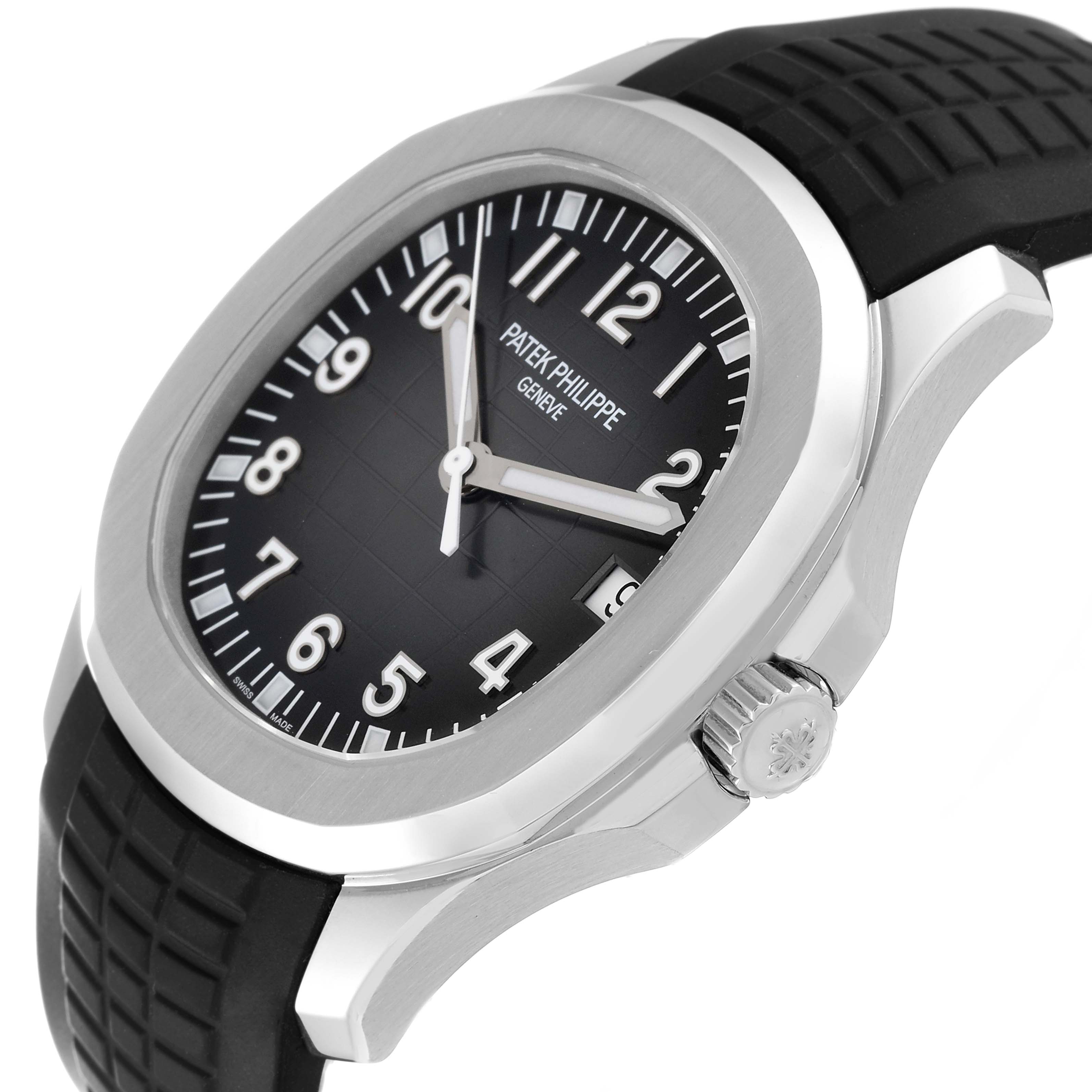 The image shows a side angle of the Patek Philippe Aquanaut 5167A Men's Stainless Steel Black Dial 5167A Men's Stainless Steel Black Dial watch, highlighting the dial, bezel, crown, and strap.