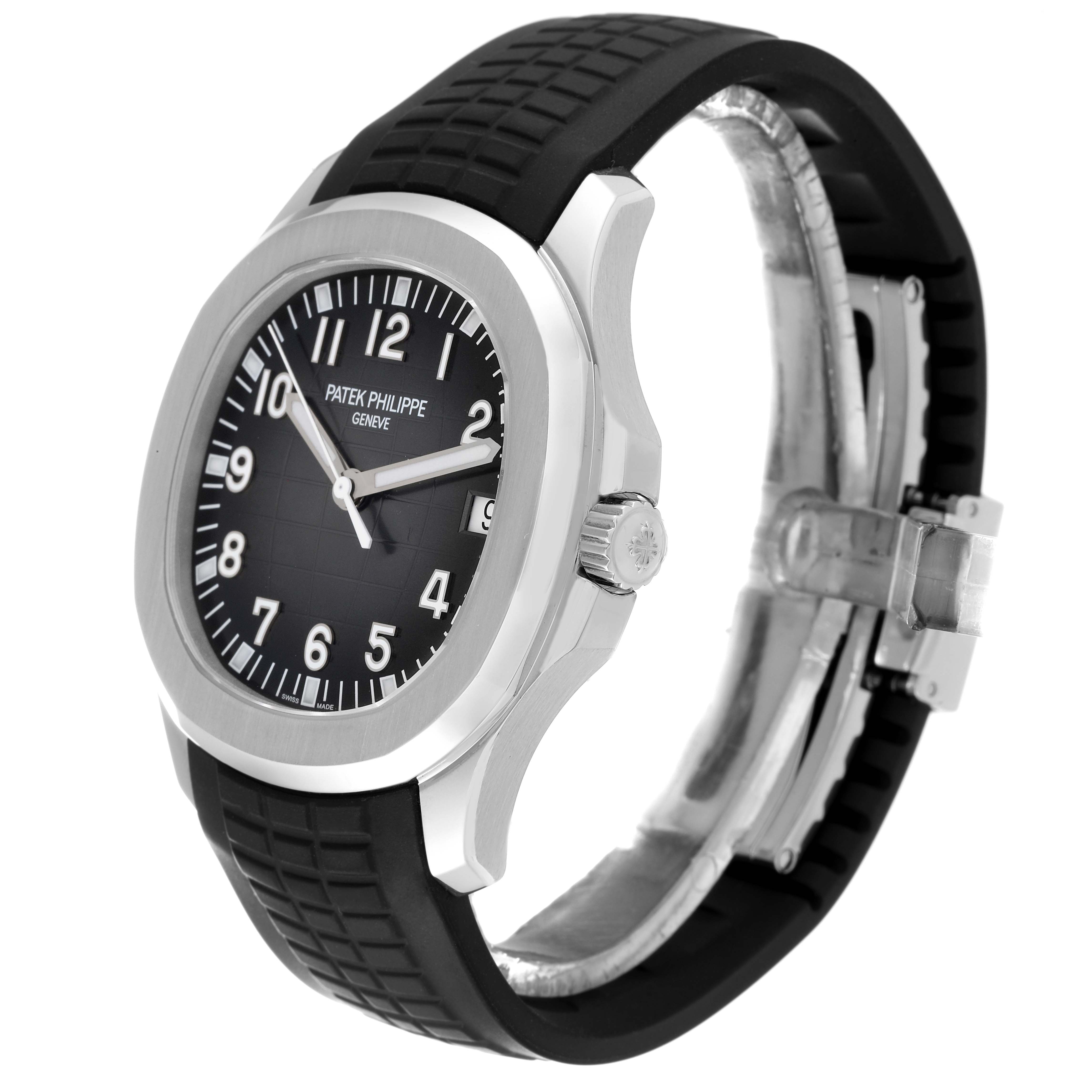 The Patek Philippe Aquanaut 5167A Men's Stainless Steel Black Dial 5167A Men's Stainless Steel Black Dial watch is shown at a three-quarter angle, displaying the dial and part of the strap.