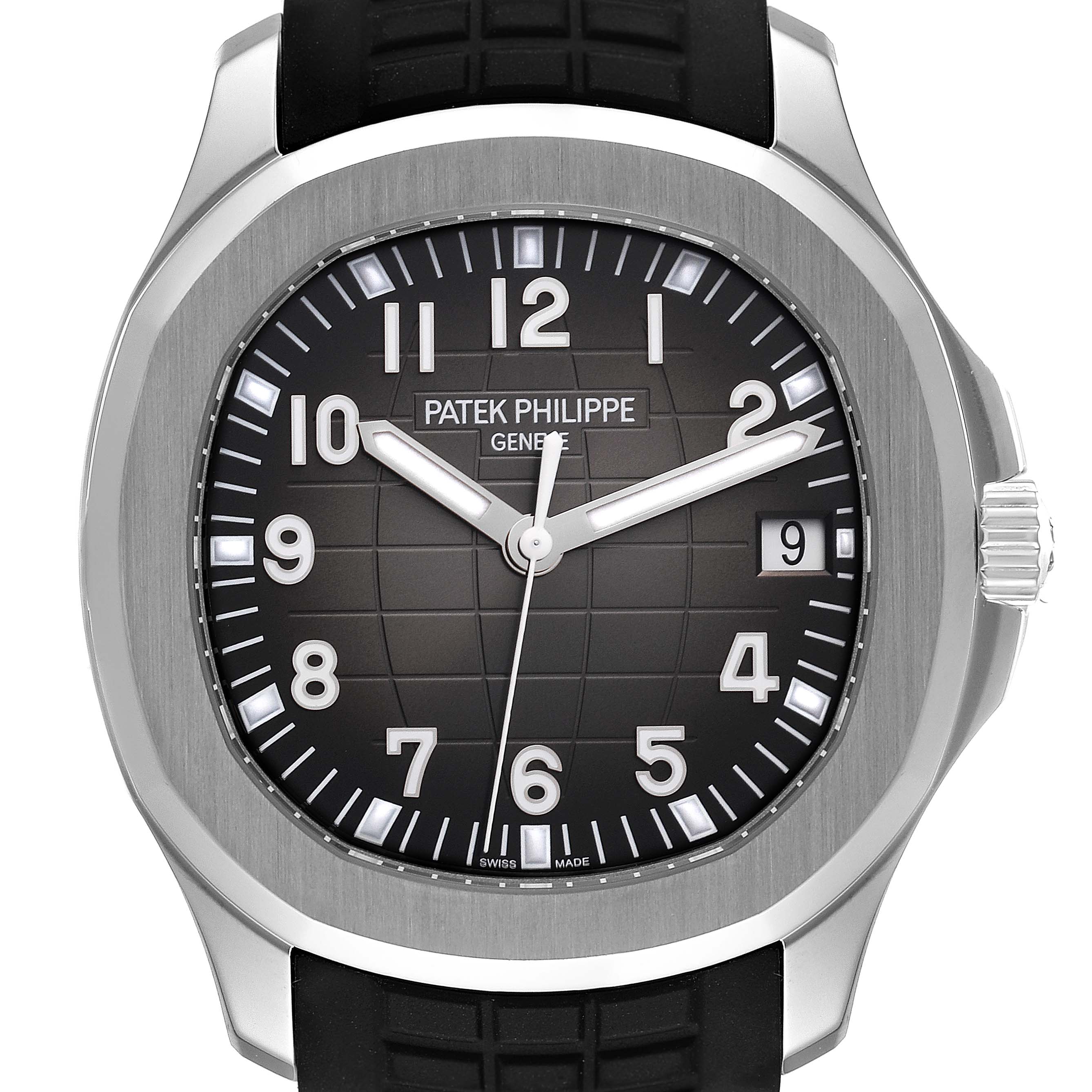 The image shows a front view of the Patek Philippe Aquanaut 5167A Men's Stainless Steel Black Dial 5167A Men's Stainless Steel Black Dial watch, highlighting its black dial, numerals, and date display.