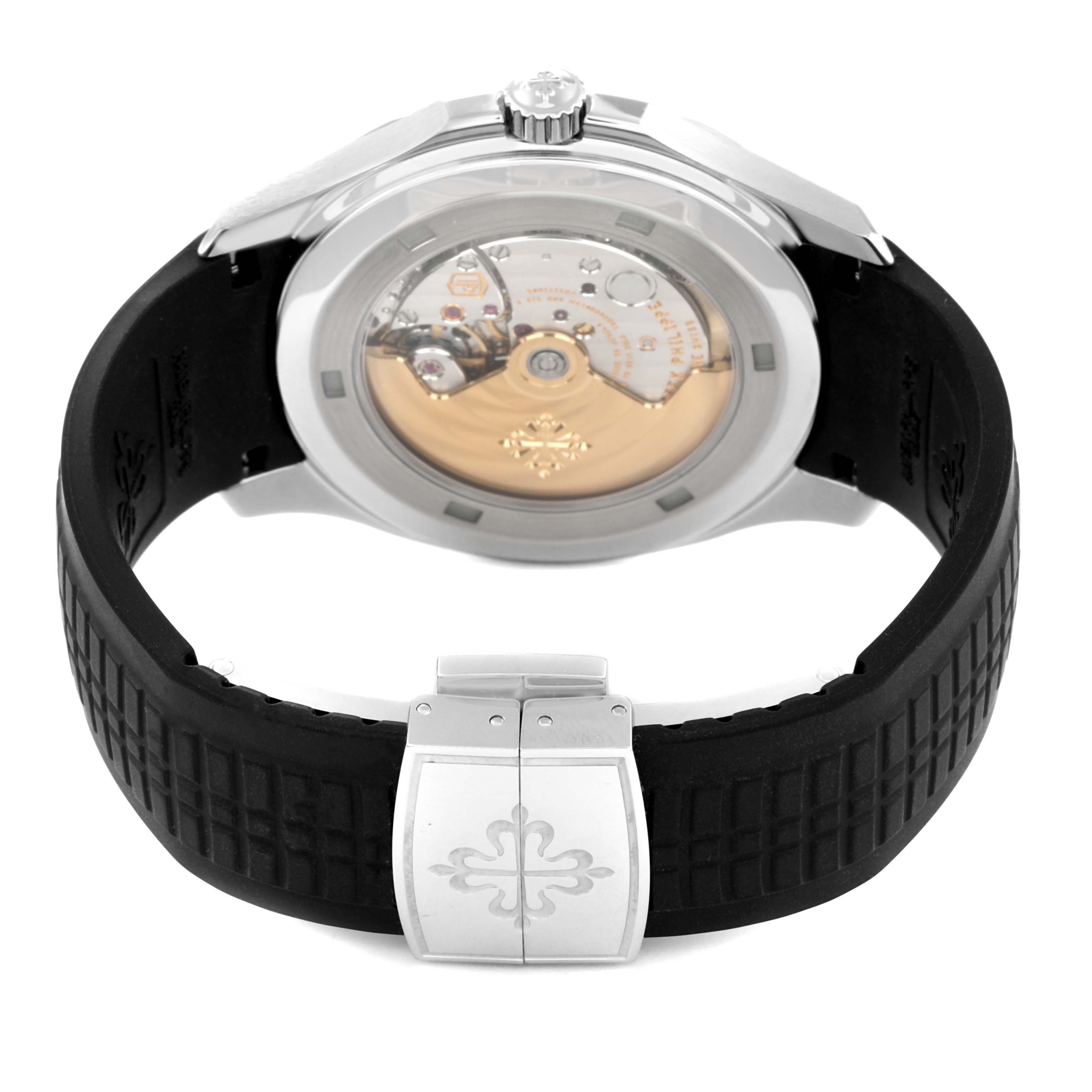 The image shows the back view of a Patek Philippe Aquanaut 5167A Men's Stainless Steel Black Dial 5167A Men's Stainless Steel Black Dial watch, highlighting the transparent case back and the clasp.