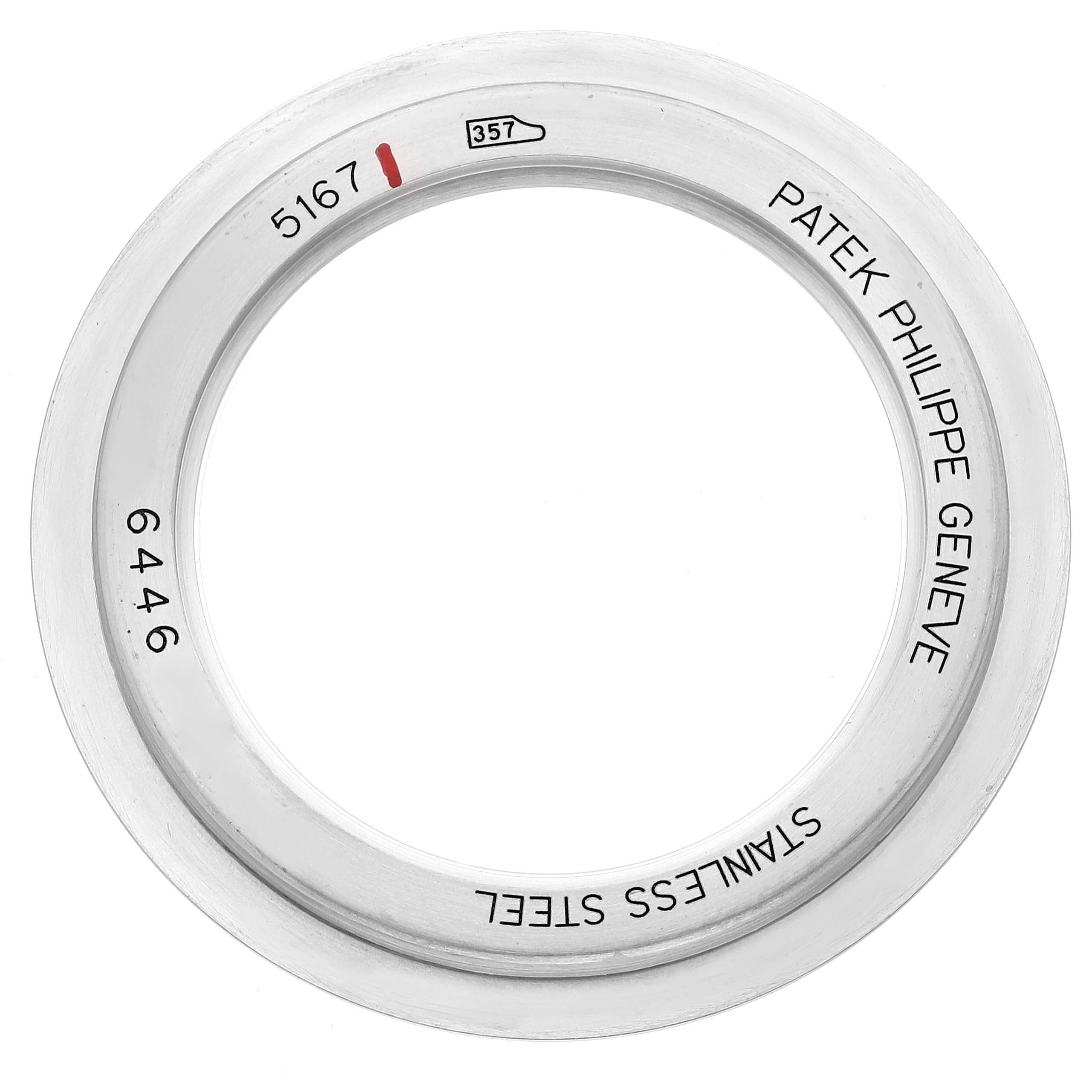 The image shows a stainless steel bezel from a Patek Philippe Aquanaut 5167A Men's Stainless Steel Black Dial 5167A Men's Stainless Steel Black Dial watch, model number 5167.