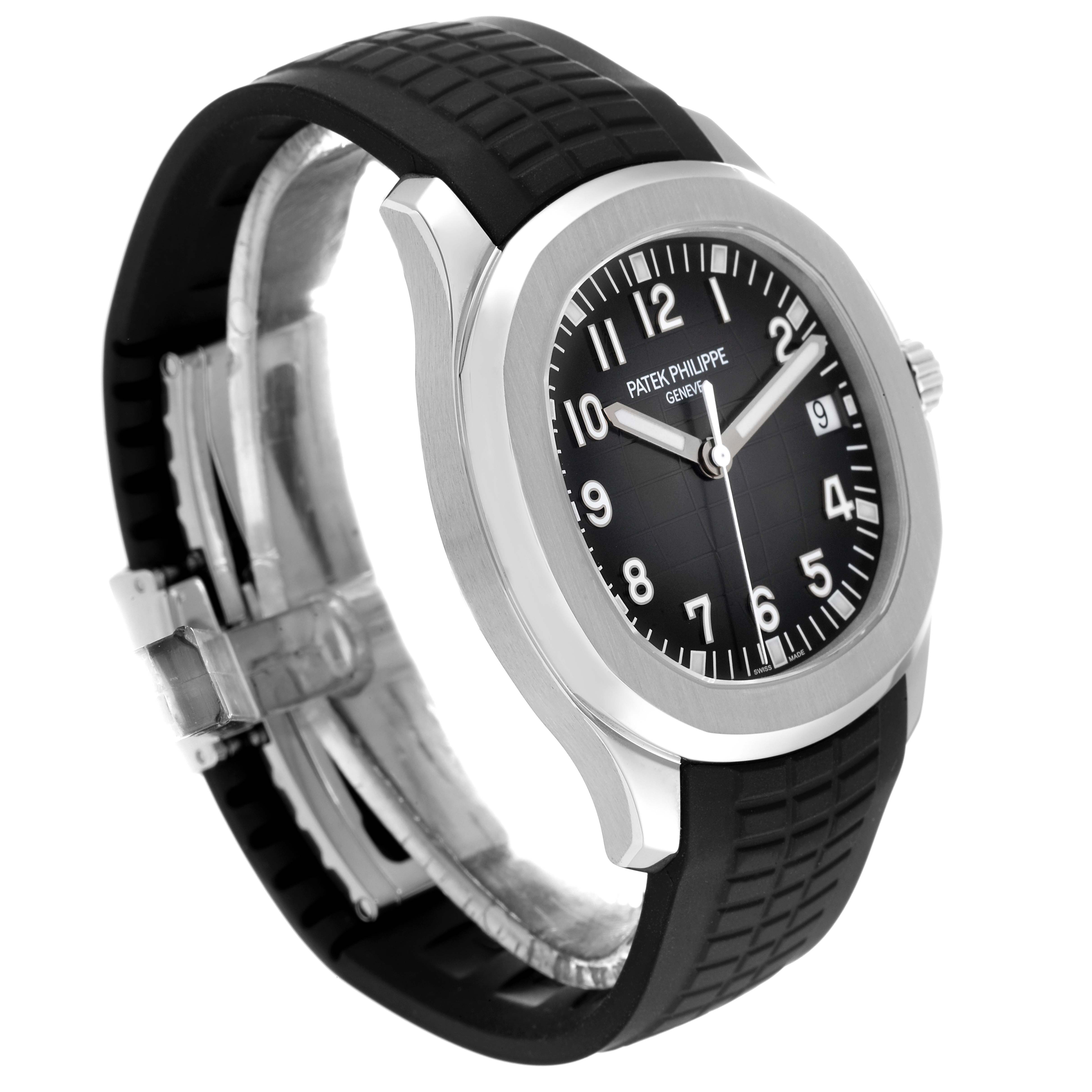The image shows a side and front angle of a Patek Philippe Aquanaut 5167A Men's Stainless Steel Black Dial 5167A Men's Stainless Steel Black Dial watch with a black dial and rubber strap.